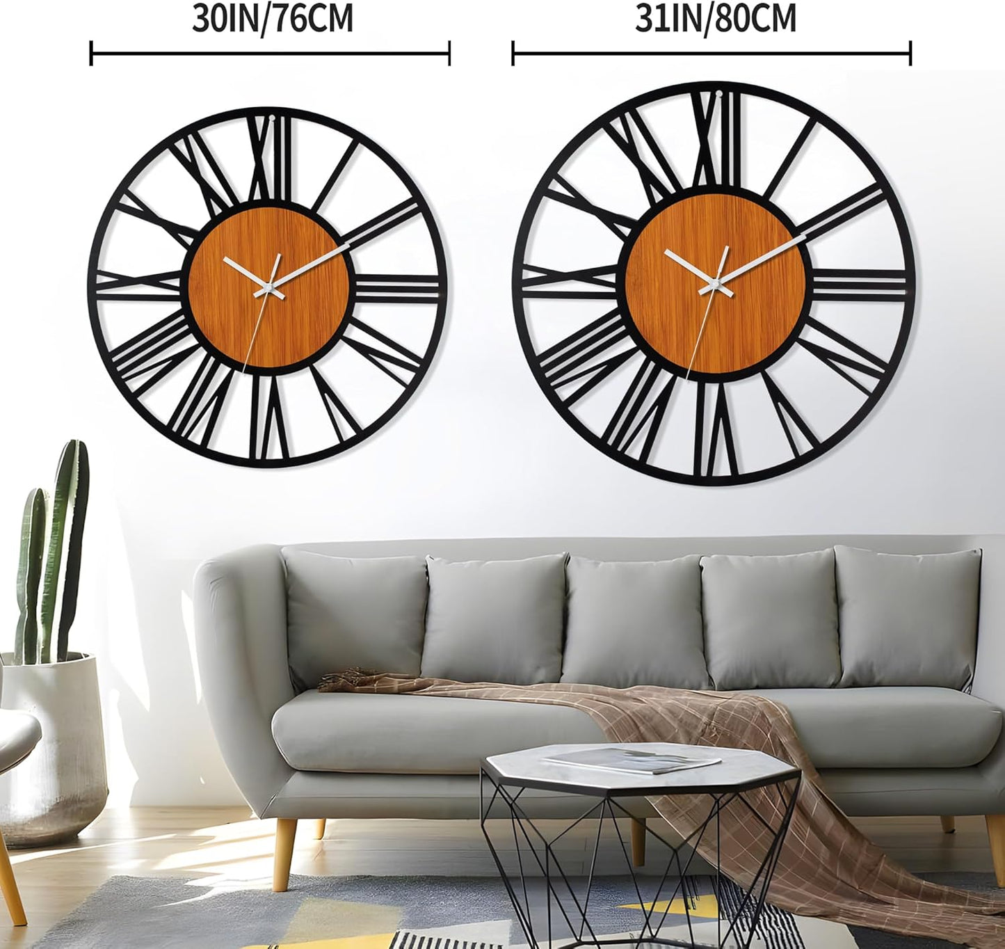 LEIKE 32" Oversized Large Wall Clocks,Silent,Non Ticking,Battery Operated Modern Round Big Wood Decorative Metal Wall Clock for Living Room, Bedroom,Kitchen,Farmhouse,Office Decor - Black,32 Inch