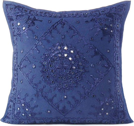 Eyes of India Embroidered Decorative Boho Throw Pillow Cover with Mirrors, Handmade Bohemian Accent Cushion Case for Sofa Couch Bedroom Living Room (Blue, 24" x 24")