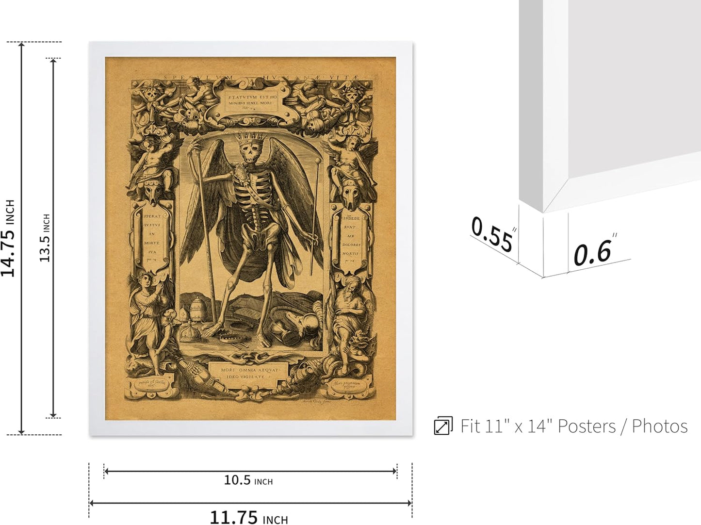 Poster Master Vintage Medieval Poster - Retro Gothic Print - Gift for Artist, Friend - Angel of Death, Memento Mori, Life, Skeleton, Dark - Wall Decor for Home, Living Room, 11x14 White Framed