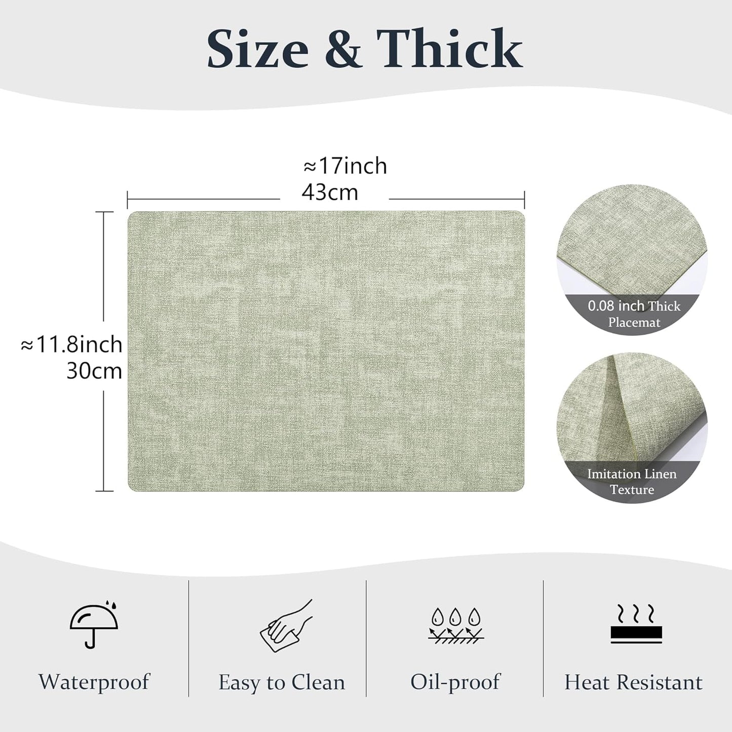 FROMHEART Faux Leather Placemats Set of 8–Waterproof,Heat/Oil Stain-Resistant PU Table Mat–Reversible,Non-Slip,Easy to Clean Place Mats for Kitchen,Dining,Indoor/Outdoor,(Light Green,11.8" x 17")