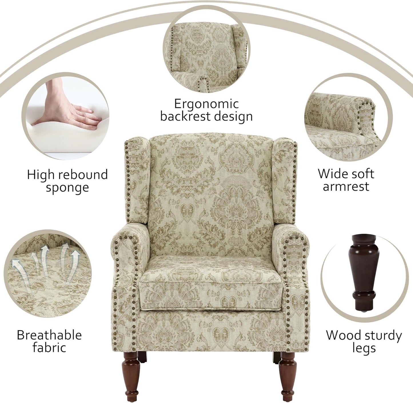 Lumibee Wingback Accent Chair,High Back Floral Armchairs in Fabric,Comfy Upholstered Reading Single Sofa Chair with Solid Wood Legs for Living Room,Bedroom,Office-White