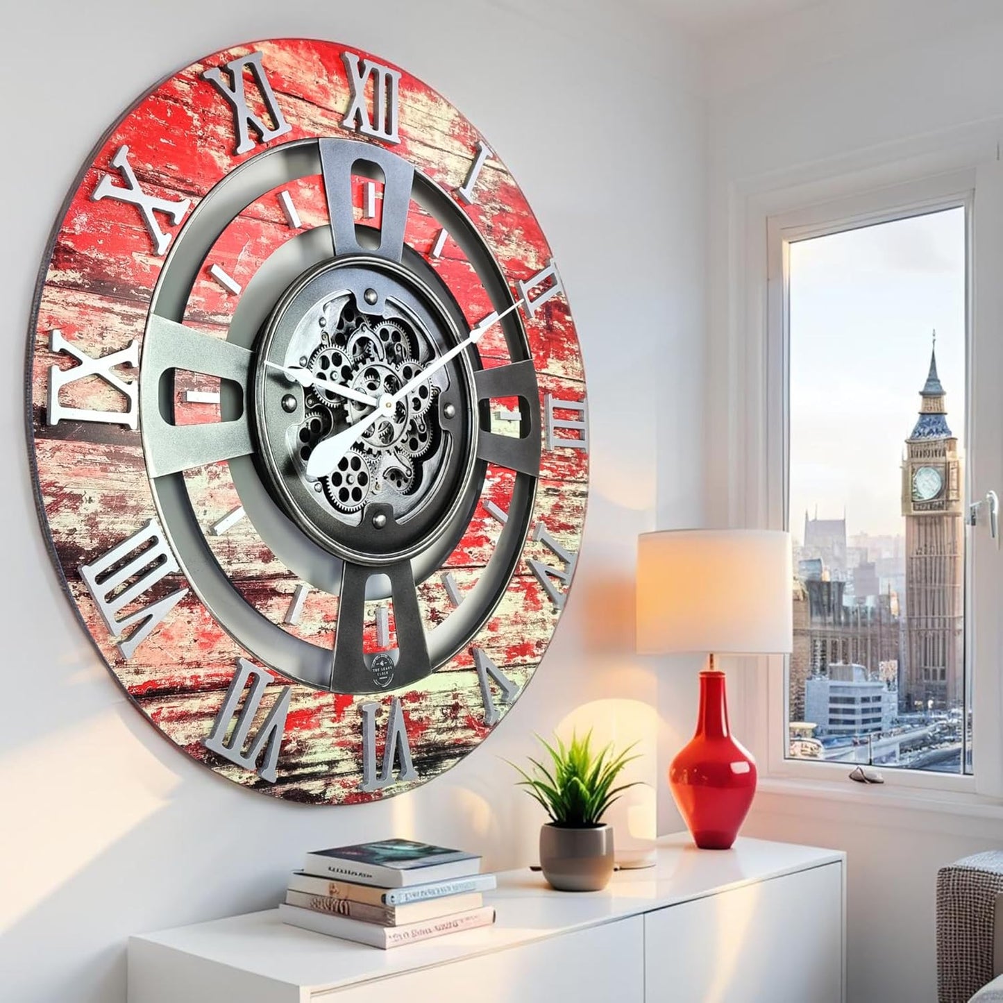 The Gears Clock Real Moving Gear Wall Clock England Line (Red Lava, 36 inches (90 cm))