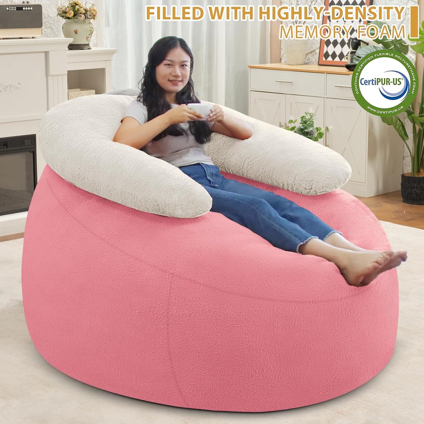 HABUTWAY Bean Bag Chair with U-Shaped Pillow - Faux Fur Fabric (Beige-Light Pink)
