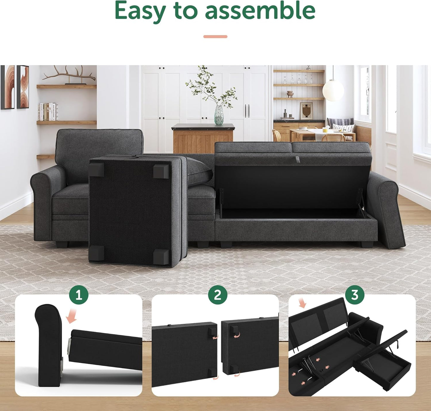 HONBAY Sectional Sofa with Storage Seat U Shaped Couch with Reversible Chaise Convertible Sectional Couches for Living Room,Dark Grey