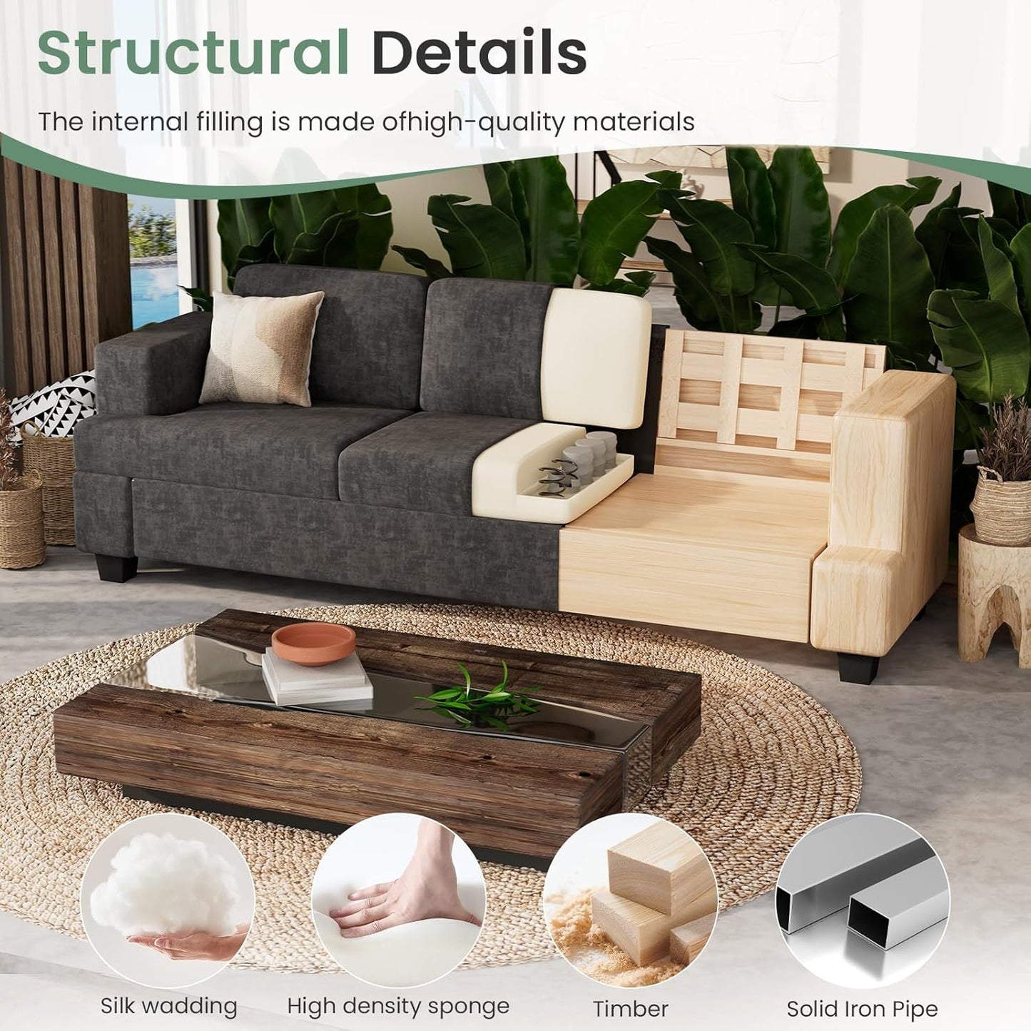 Sofa Couch, 3 Piece Set Comfy Sofa, 2 Loveseat & 3 Seater Sofa with Deep Seats for Living Room, Modern Sleeper Couch, Dark Grey Chenille