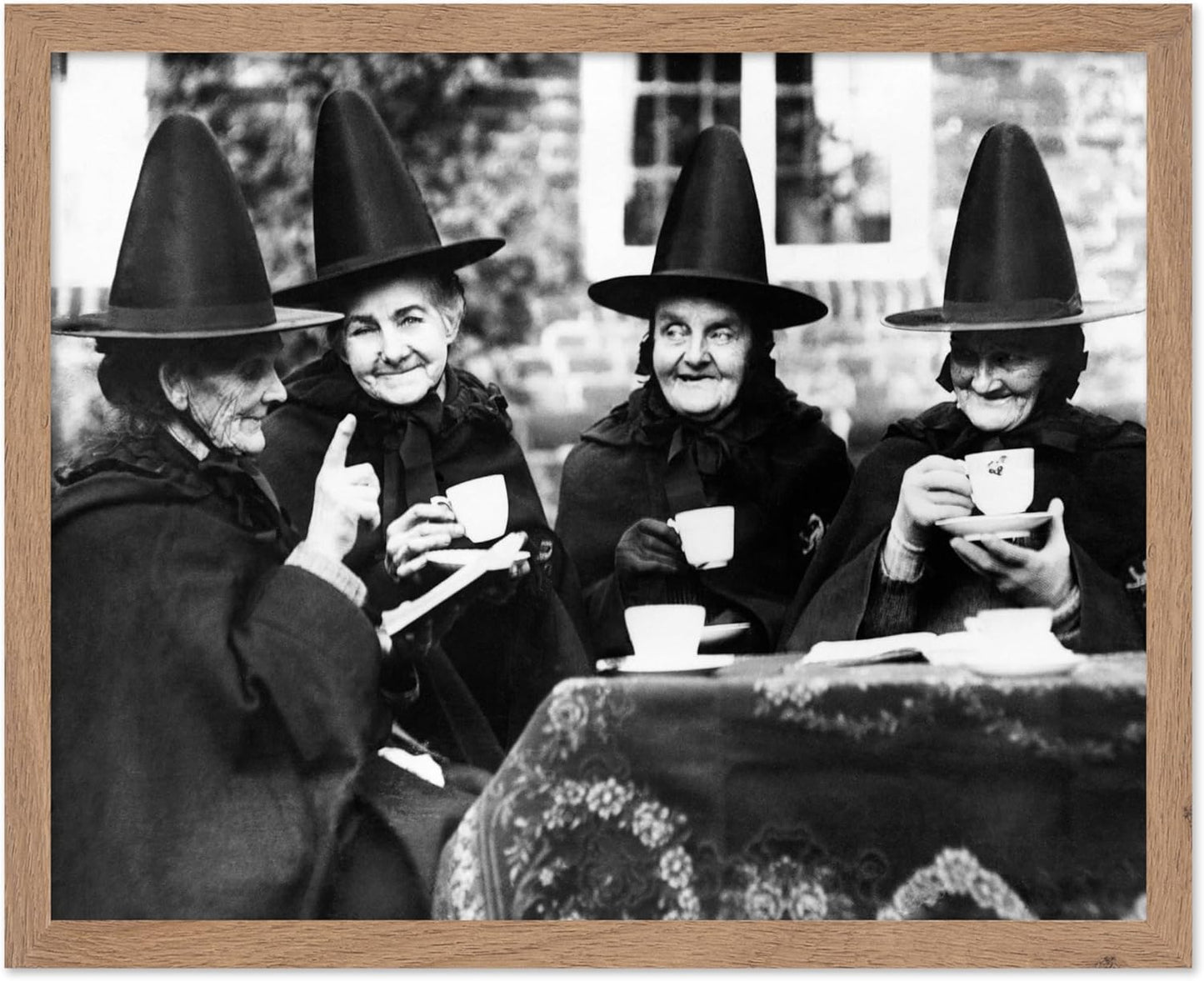 Poster Master Classic Photograph Poster - Vintage Halloween Print - Gift for Artist, Friend - Witches Tea Party, Old Women Smiling, Wearing Robes - Wall Decor for Living Room, 8x10 Beige Framed