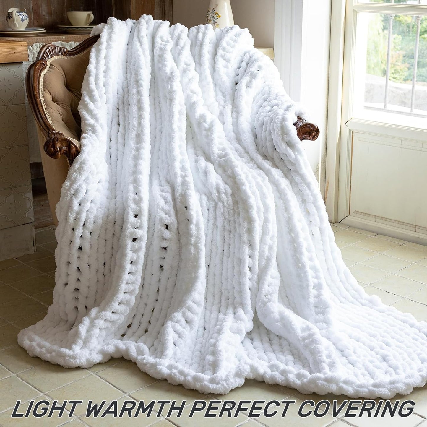 Chunky Knit Blanket - Luxury Soft Cozy 50 * 60 Throw Blanket,100% Woven Blanket Rope Knot Throw Blanket for Couch, Sofa, Home Decor, Gift - Machine Washable（White）