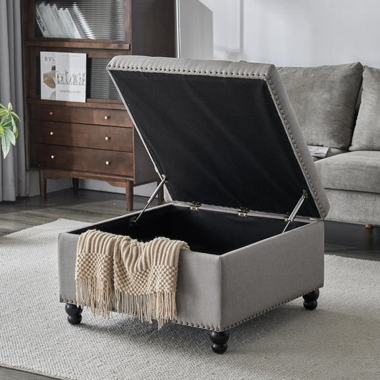Ottoman with Storage, Large Storage Ottoman, 30 in Square Ottoman Coffee Table,Tufted Upholstered Coffee Tables for Living Room, Grey