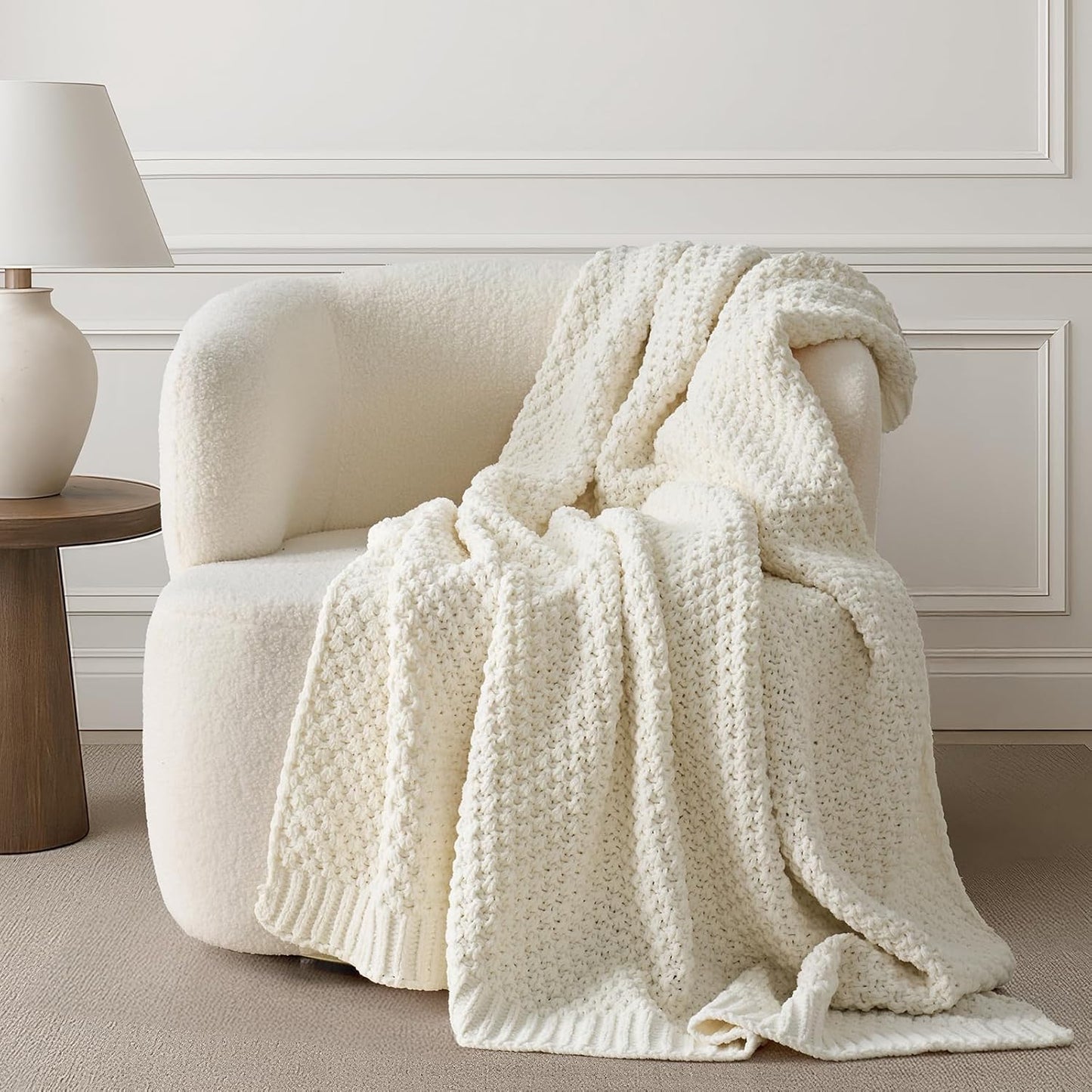 Chunky Chenille Knit Throw Blanket for Couch, Soft Luxurious Moss Stitch Blankets for Bed, Cozy Decorative Farmhouse Knitted Throws for Sofa, Ivory White, 60" x 80"