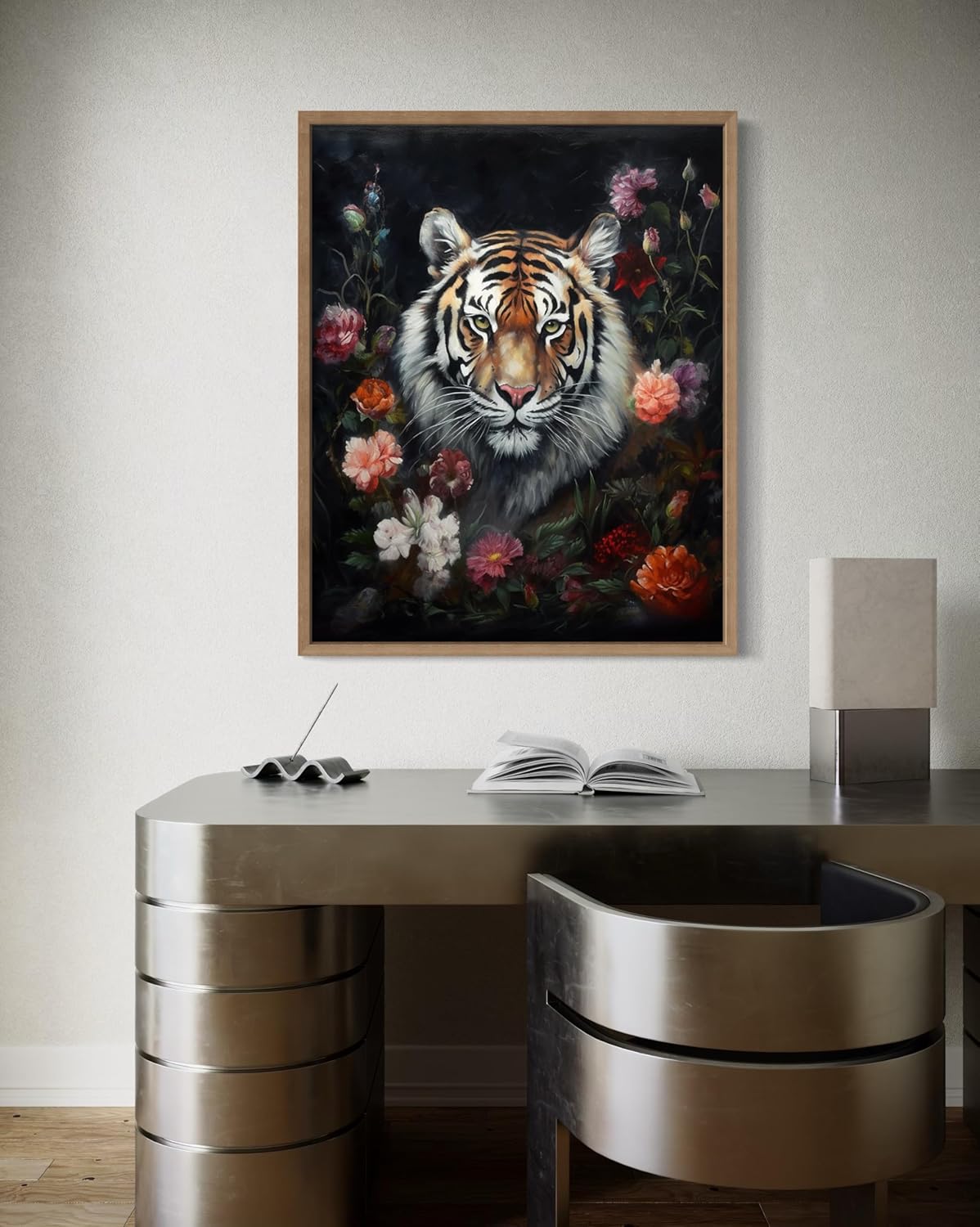 Tiger and Flower Poster Art Print, Halloween Scary Vintage Wall Art Academia Spooky Painting Decoration for Horror Prints, Gothic Posters Bedroom Decor 89 (Tiger and Flower, 11 x 14 inches, Wood Frame)