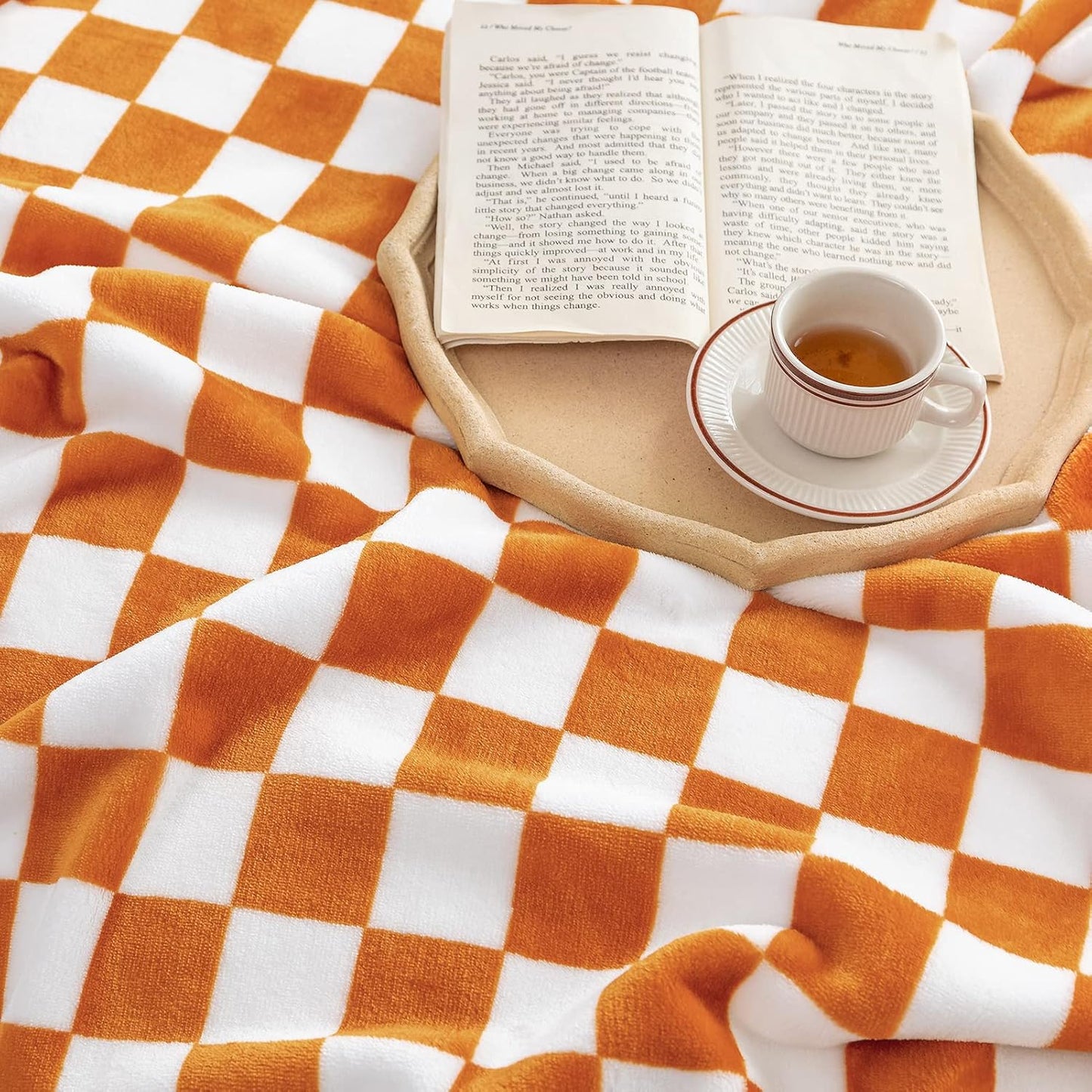 LOMAO Throw Blankets Flannel Blanket with Checkerboard Grid Pattern Soft Throw Blanket for Couch, Bed, Sofa Luxurious Warm and Cozy for All Seasons (Orange, 90"x110")