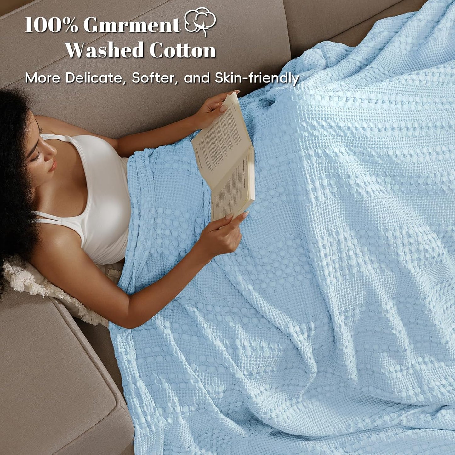 PHF 100% Cotton Waffle Weave Blanket Queen Size, Soft Lightweight Breathable Cozy Summer Blankets for Bed, Luxury Aesthetic Woven Bedding for Home Decor, 90"x90", Baby Blue