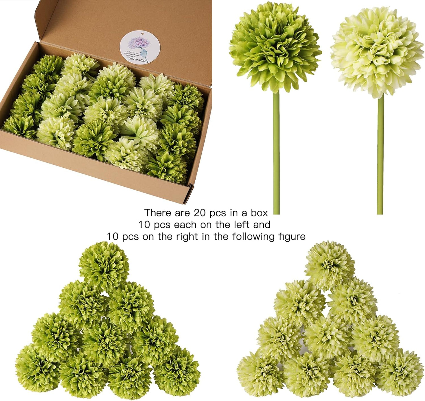 Kimura's Cabin 20Pcs Green Artificial Chrysanthemums Fake Silk Ball Flowers Mums Bouquets Arrangements Wedding Party Decor St Patricks Day Home Kitchen Garden Table DIY Floral Centerpieces (Green)