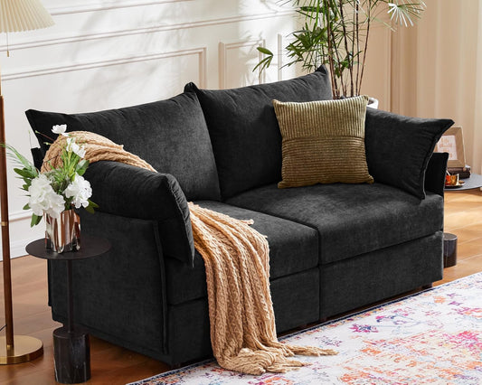 Oversized Loveseat Sofa, Modern Modular Sectional Couch Black Fluffy Chenille Mid Century 2-Seat 24.5" Deep Seat for Apartment, Living Room, Bedroom