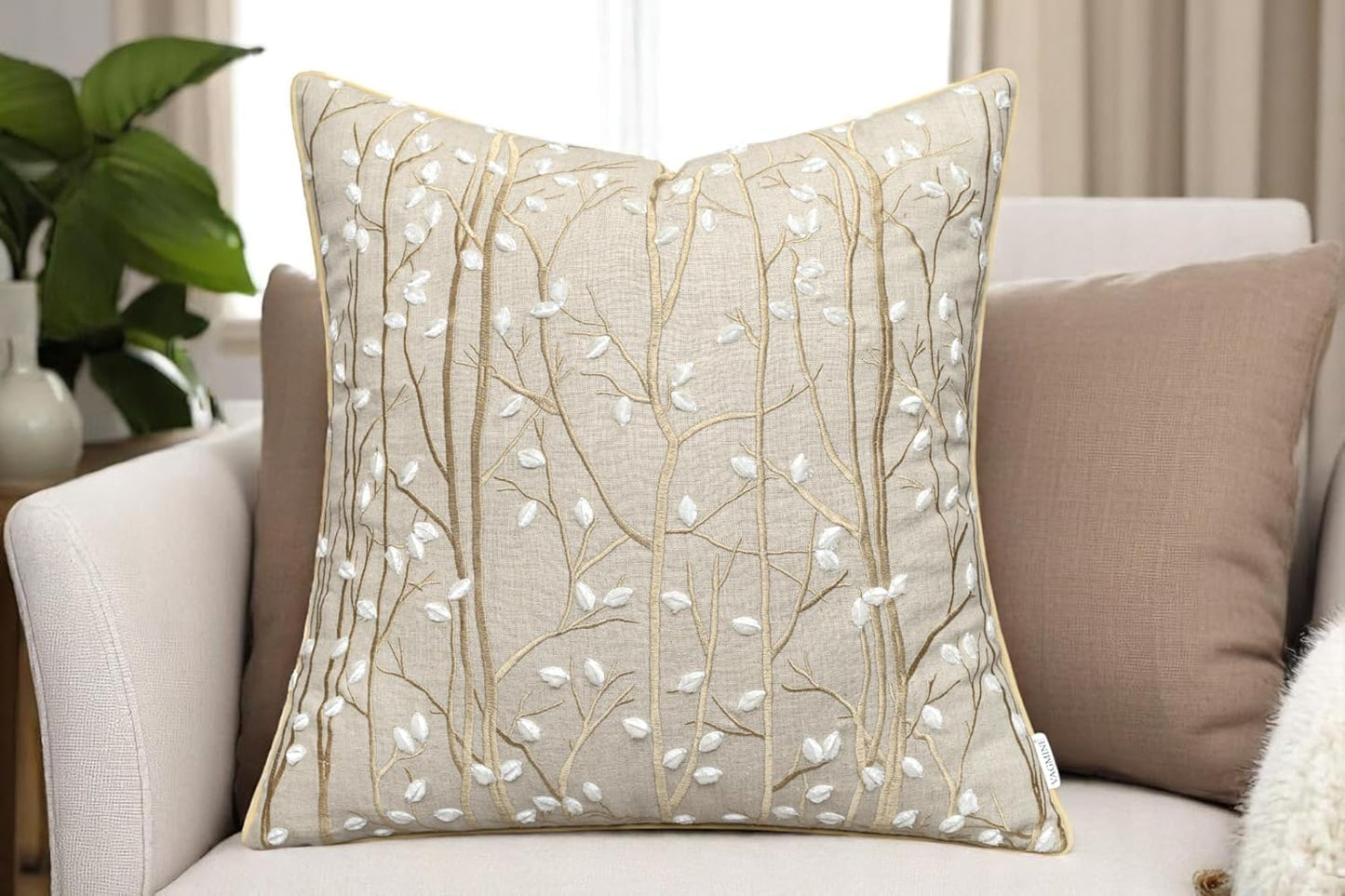 VAGMINE Embroidered Forest Throw Pillow Cover - 20x20 Inches Square - 100% Linen Natural Decorative Cushion Cover - Elegant Embroidery - Rustic Home Accent for Sofa, Bed, Couch, Farmhouse Décor