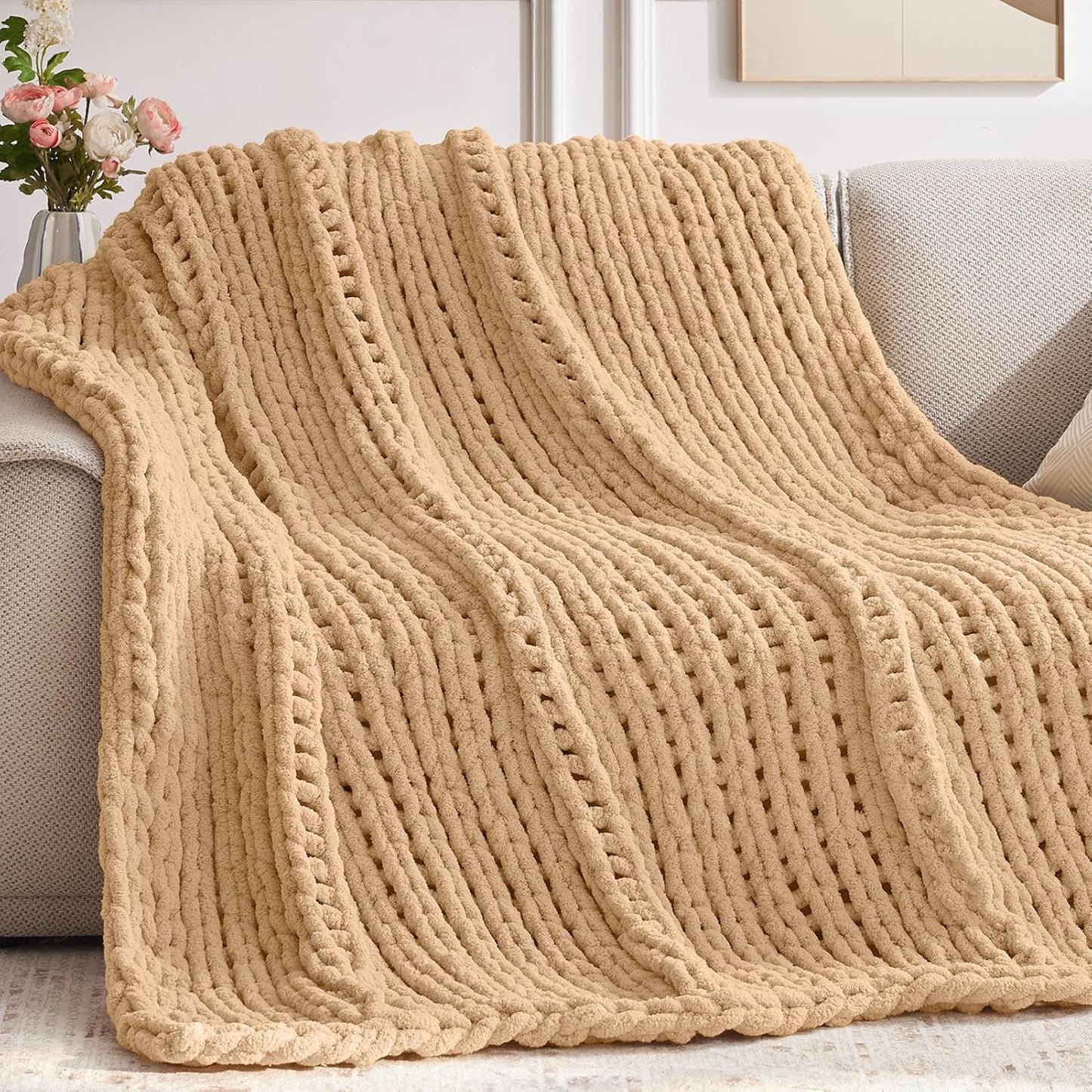 Chunky Knit Throw Blanket, 60''*80'' Knitted Throw Chenille Yarn for Bed Couch, Handmade Beige Crochet Big Thick Blanket, Machine Washable Cute Comfy Blanket for Home Decor