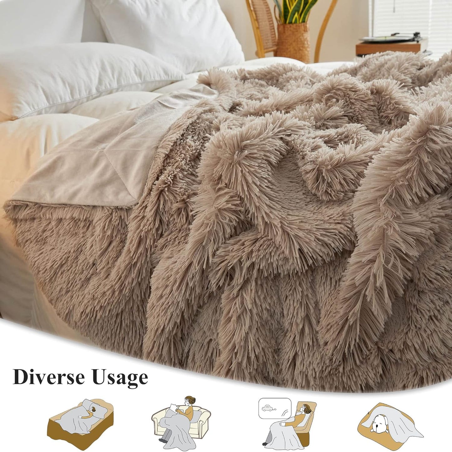 XeGe Luxury Faux Fur Throw, Soft 50x60 Fluffy Blanket, Shaggy Plush Decorative Couch Blanket, Winter Fall Cute Fuzzy Furry Lap Throw for Office Bedroom Living Room Khaki