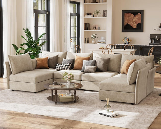 134.6" Oversized Modular Sectional Sofa, Large 6 Seater U Shaped Couch Deep Seat for Living Room, Apartment - Chenille Beige