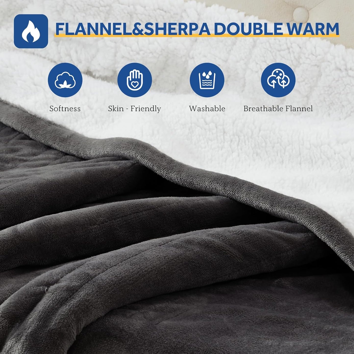 Sealy Electric Blanket Twin Size 62"*84",Super Cozy Flannel to Sherpa Reversible Heated Twin Blanket with 10 Heating Levels & 1-12 Hours Auto Off Overheating Protection Machine Washable, Charcoal