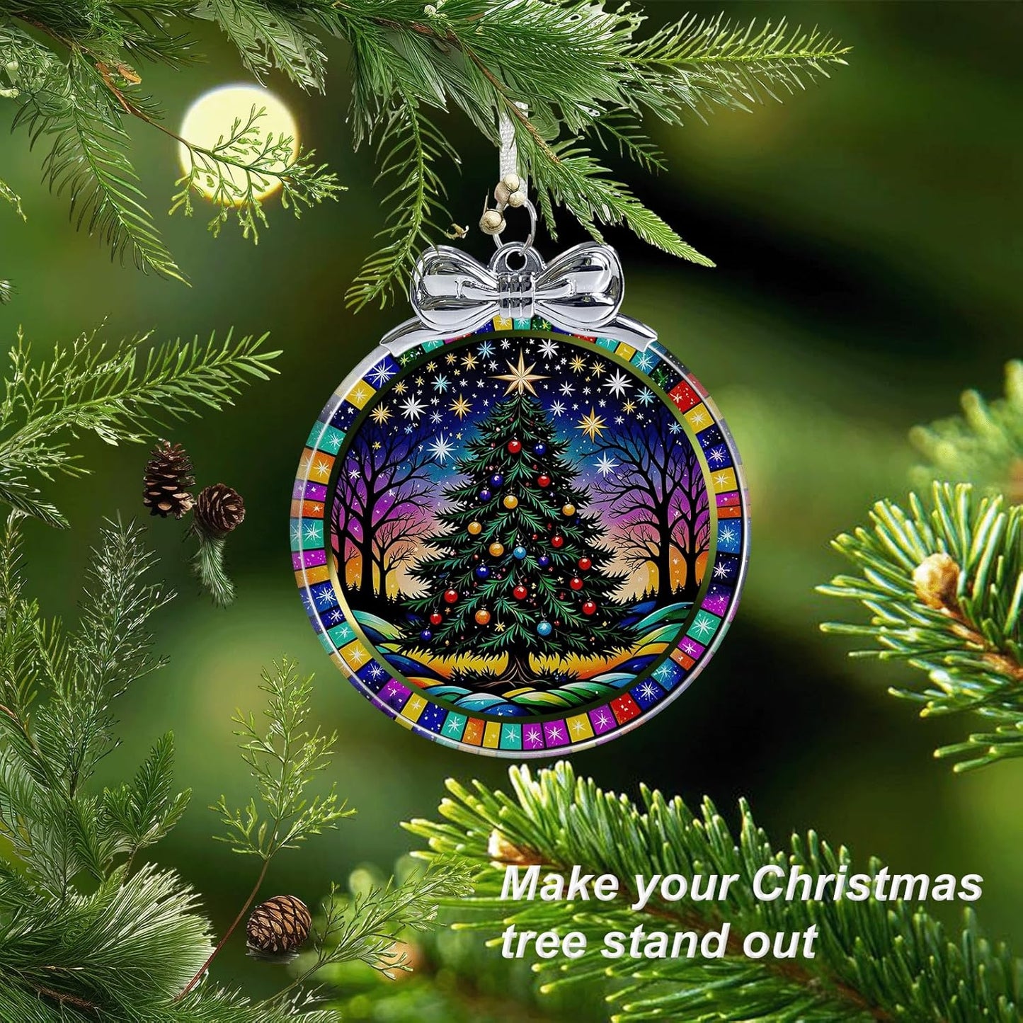 Starry Christmas Tree Stained Glass Christmas Ornament - Hanging Ornaments for Christmas Tree Decorations - Holiday Keepsake Present Exchange Idea