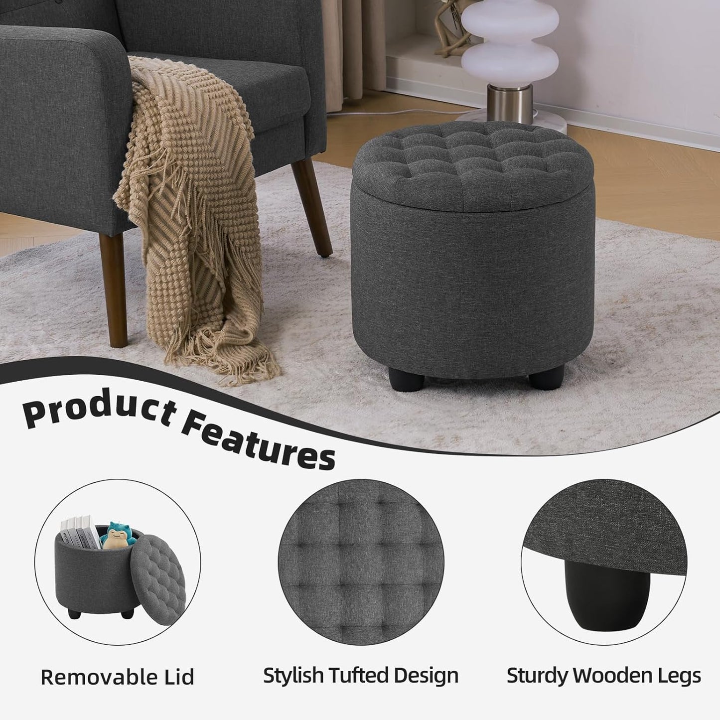 Furniliving 18.7inch Storage Round Ottoman, Footstools with Hidden Storage with Removable Lid, Stylish Button Tufted Design Ottoman Foot Stools for Living Room, Bedroom，Darkgrey