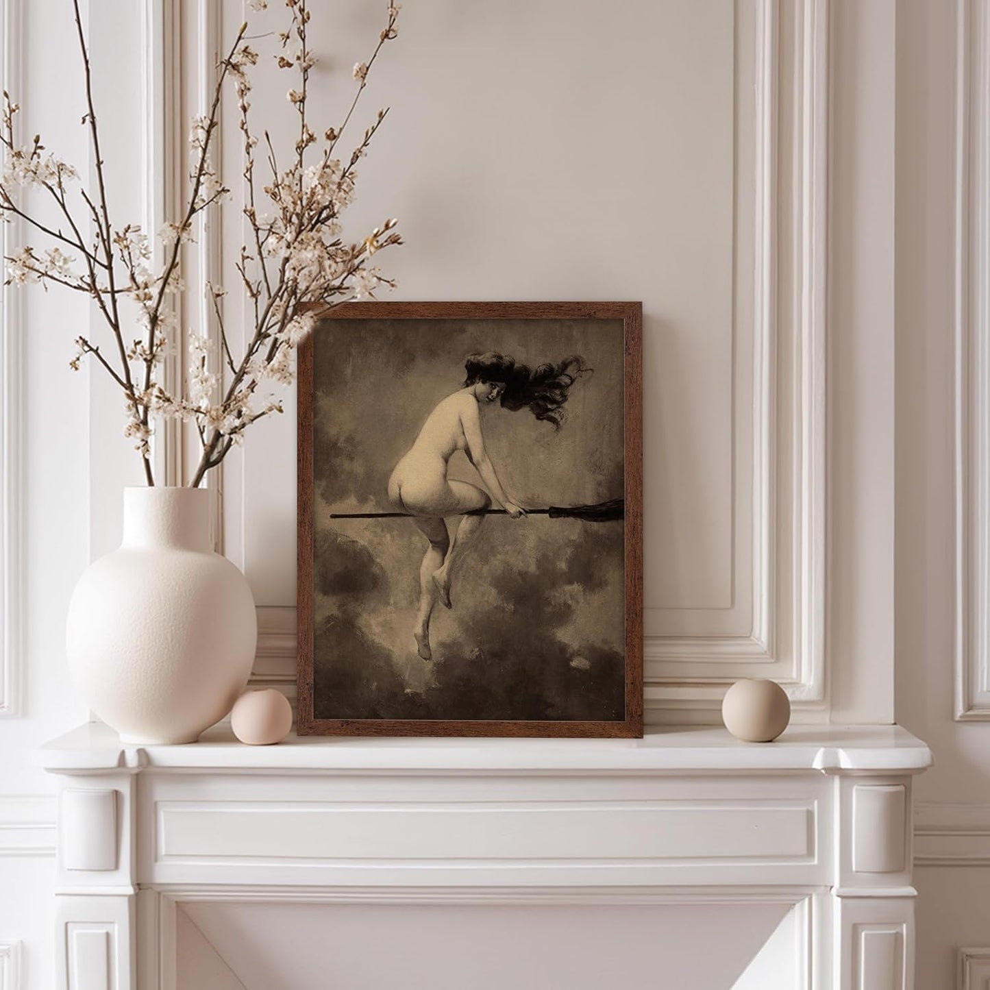 Poster Master Vintage Albert Joseph Penot Poster - Retro Halloween Print - Gift for Artist, Friend - Departure for the Sabbath, Naked Witch on Broom - Wall Decor for Bedroom, 11x14 Brown Framed