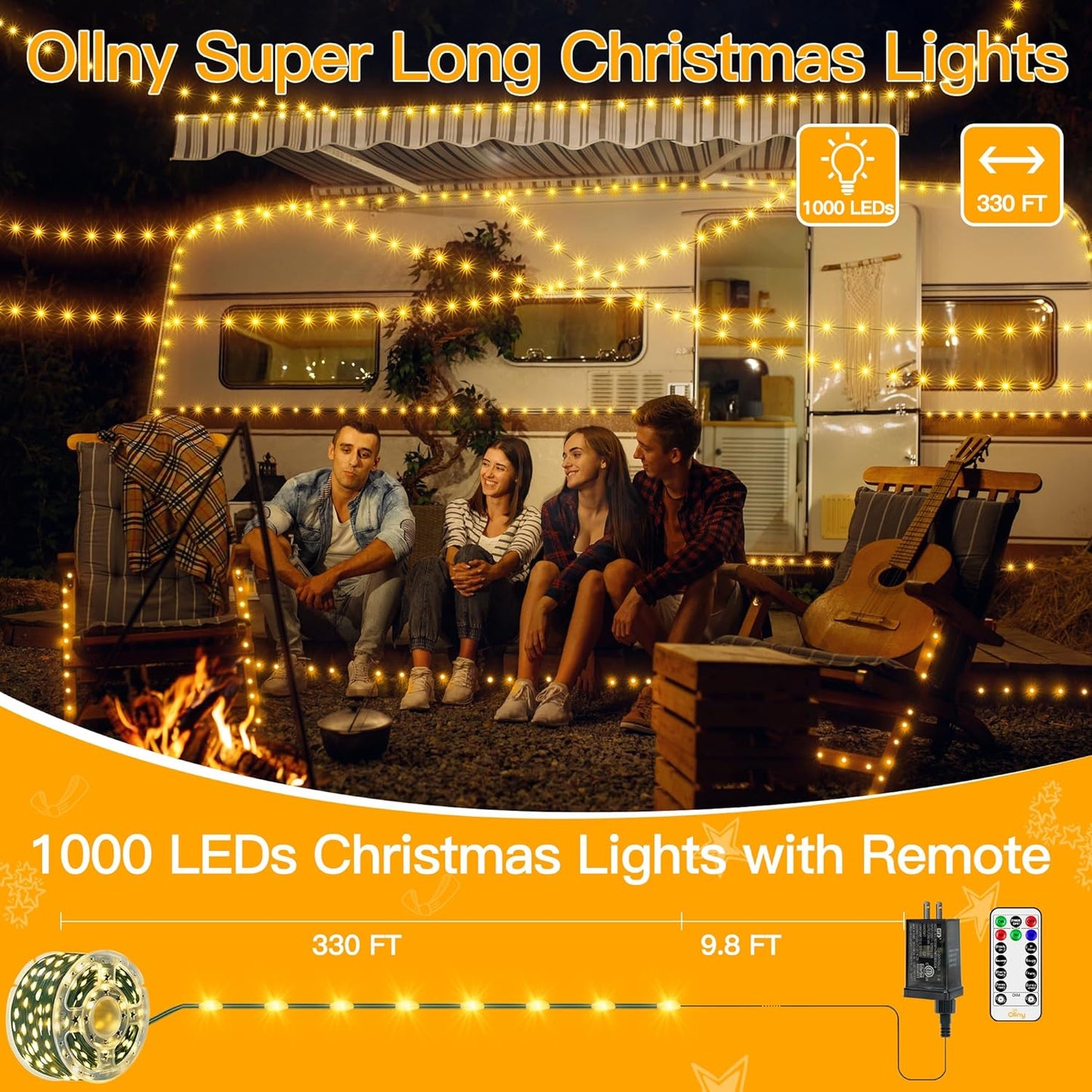 Ollny Christmas Lights 1000 LED 330 FT, IP67 Waterproof Plug in Christmas Tree Lights with Remote, 8 Modes, 3 Timers, Dimmable, House Xmas Indoor Decorations String Light (Warm White)