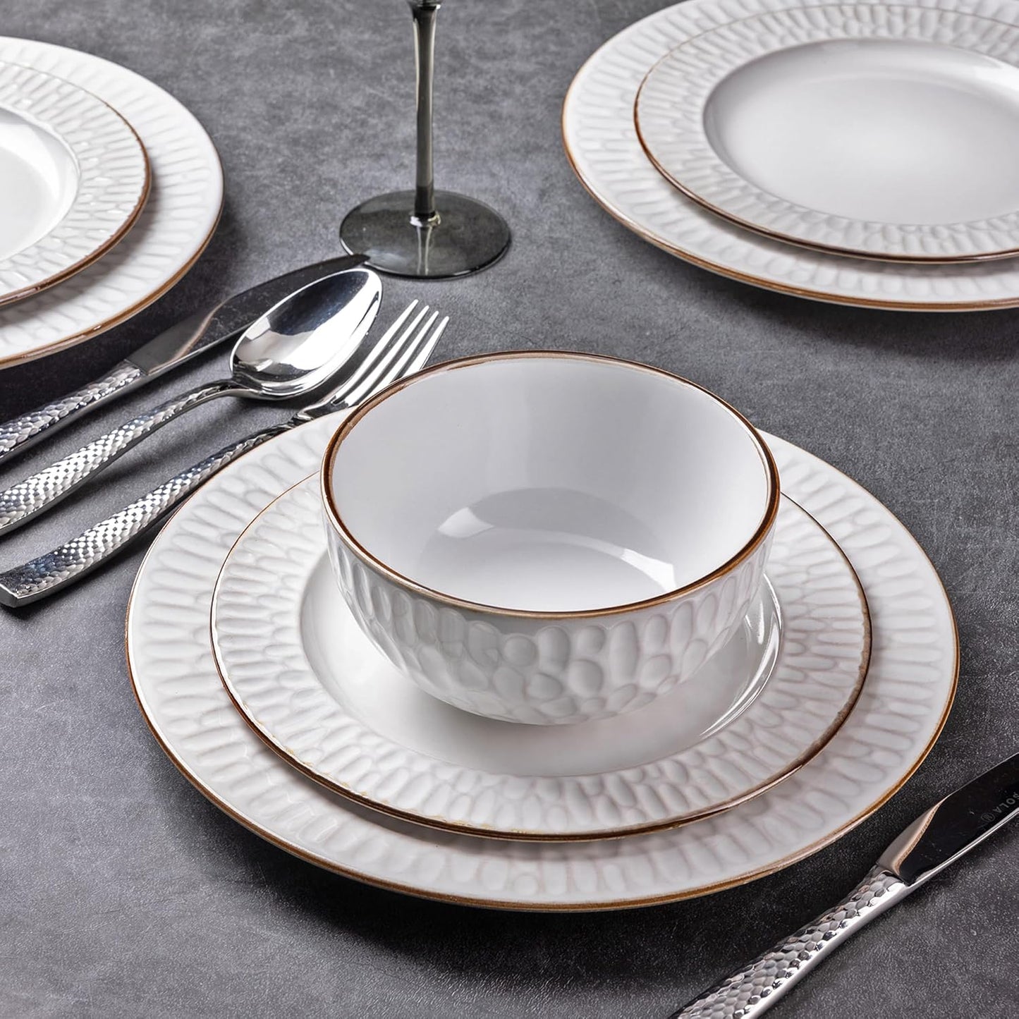 GBHOME Ceramic Dinnerware Sets, 24 pcs Embossed Elegant Stoneware Plates and Bowls Sets, Housewarming Wedding Gift | Dishwasher & Microwave Safe | Dishes Set Service for 8