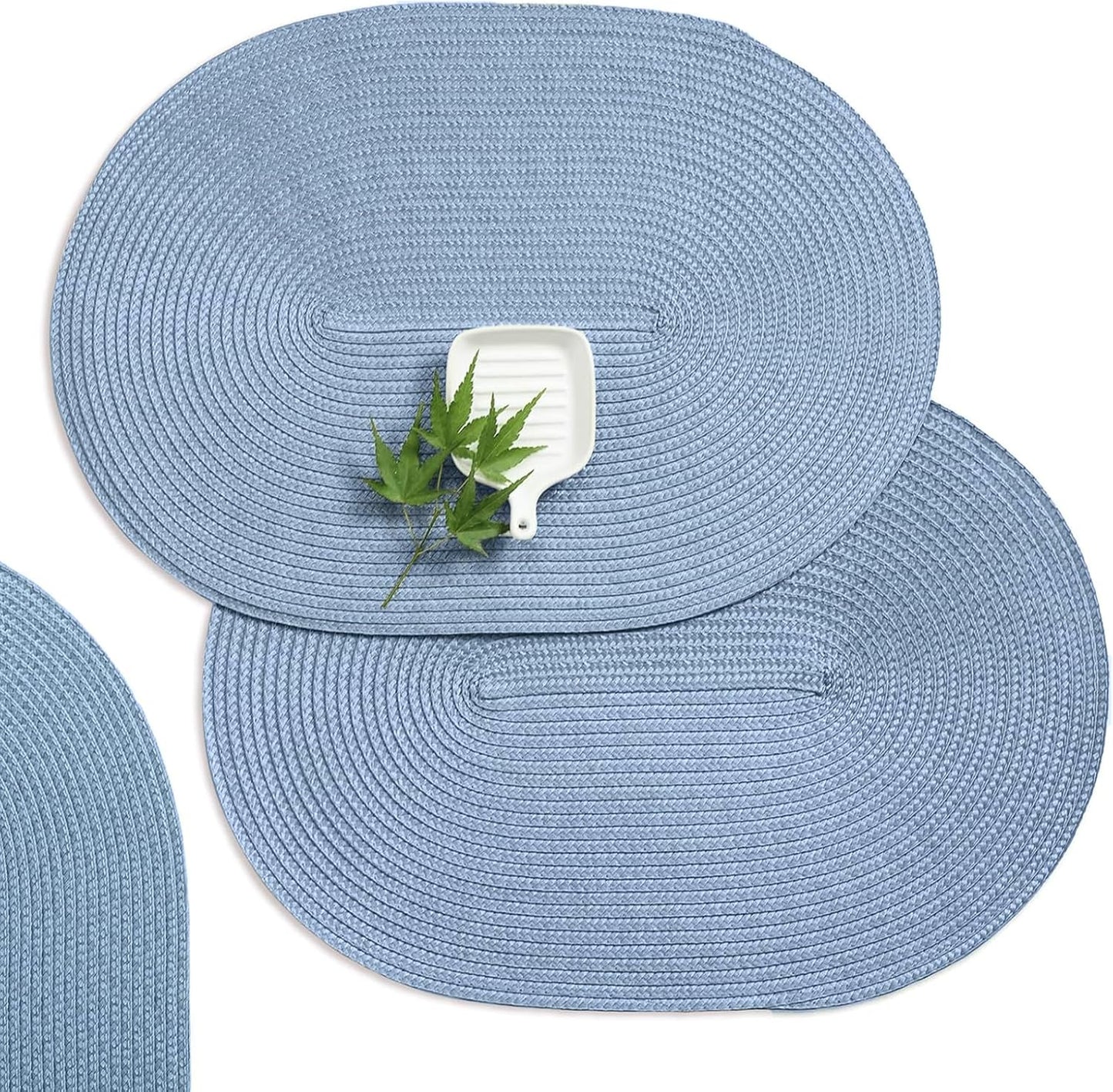 AHHFSMEI Placemats Set of 4 for Dining Table Washable Woven Vinyl Non-Slip 18x12 inches Placemat Heat-Resistant Durable Table Mats for Dining Table Easy to Clean(Light Blue 4)