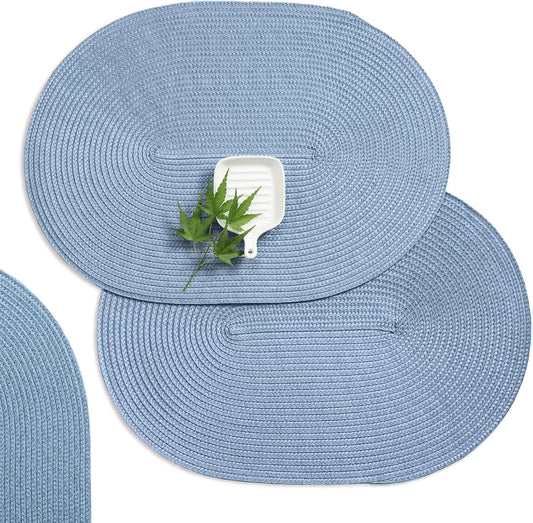 AHHFSMEI Placemats Set of 4 for Dining Table Washable Woven Vinyl Non-Slip 18x12 inches Placemat Heat-Resistant Durable Table Mats for Dining Table Easy to Clean(Light Blue 4)