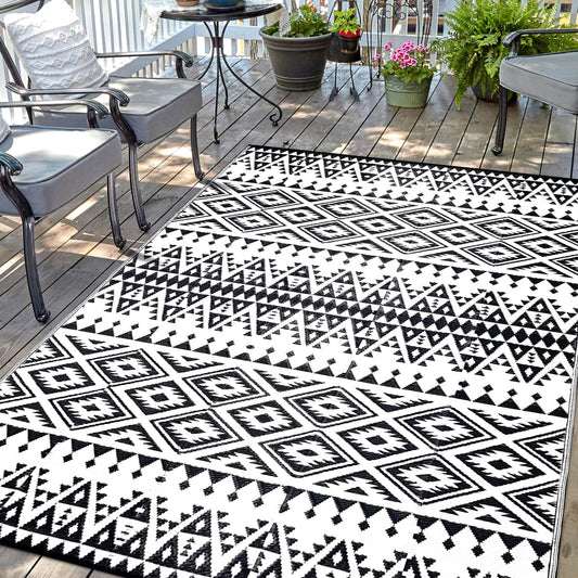 Waterproof Outdoor Rug 8x10ft, Bohemia Reversible Plastic Straw Mat for Patio RV Deck Porch Backyard Balcony Camping Picnic Beach Indoor Outdoor Carpet, Black&White