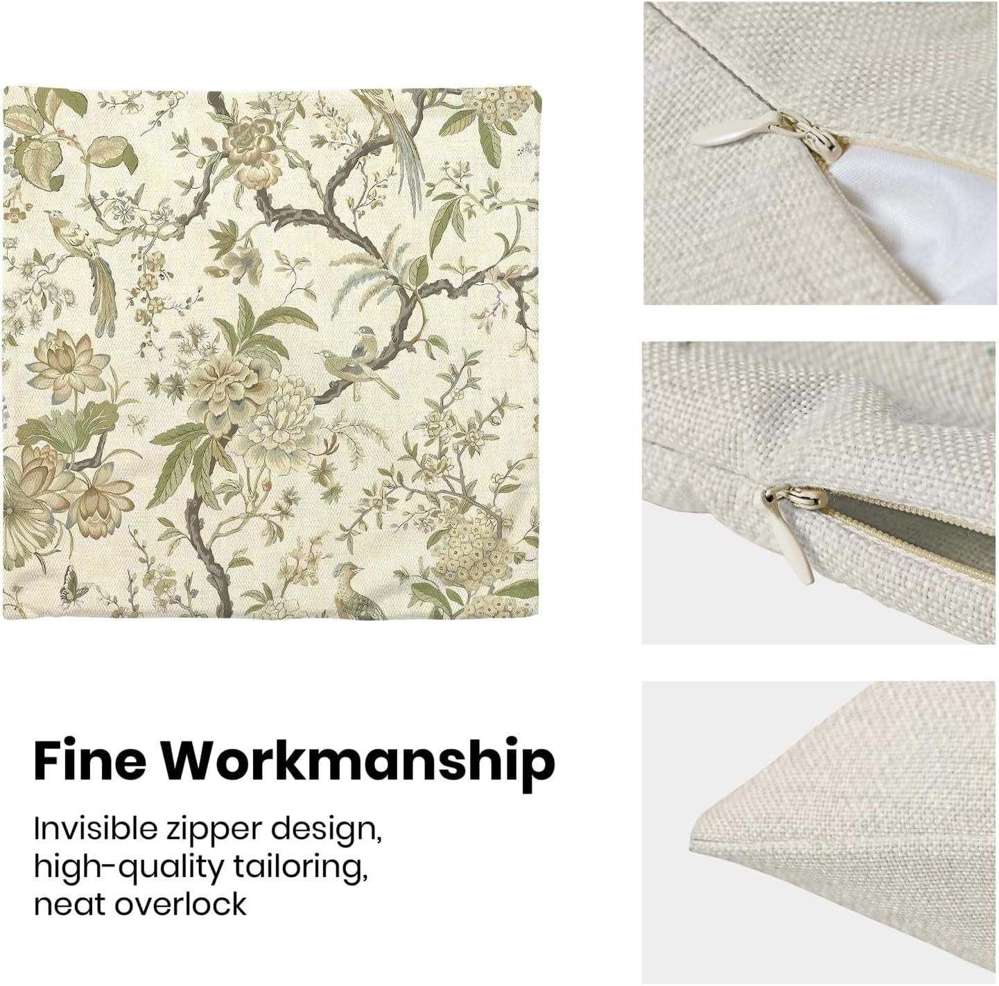 CXMEIFLY Spring Floral Birds Pillow Covers 16 x 16 Inch Set of 2 for Chinoiserie Flowers Decor Throw Pillows Sage Green Plant Outdoor Decorative Cushion Cases for Couch Bed Decorations