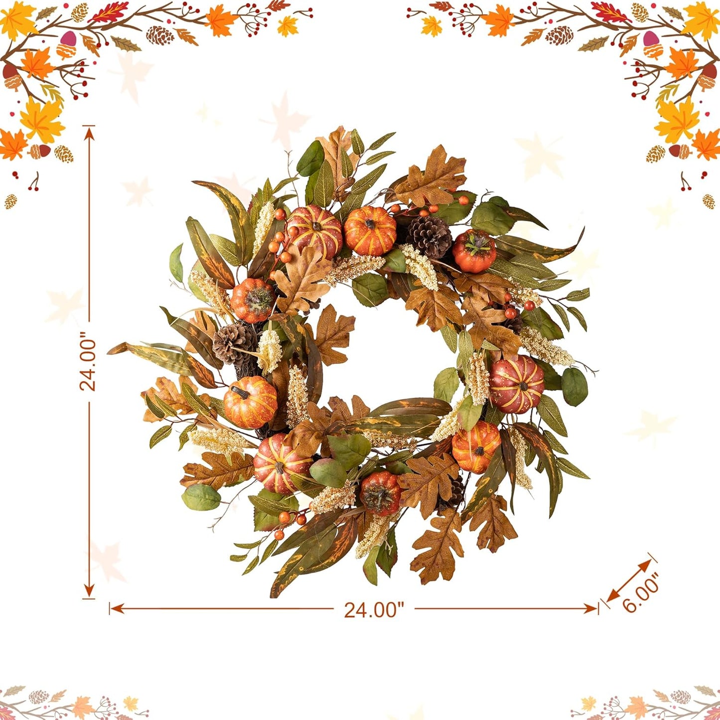 Glitzhome 24''D Fall Pumpkin Leaf Floral Wreath Decor, Artificial Harvest Door Wreath for Autumn or Thanksgiving Decoration