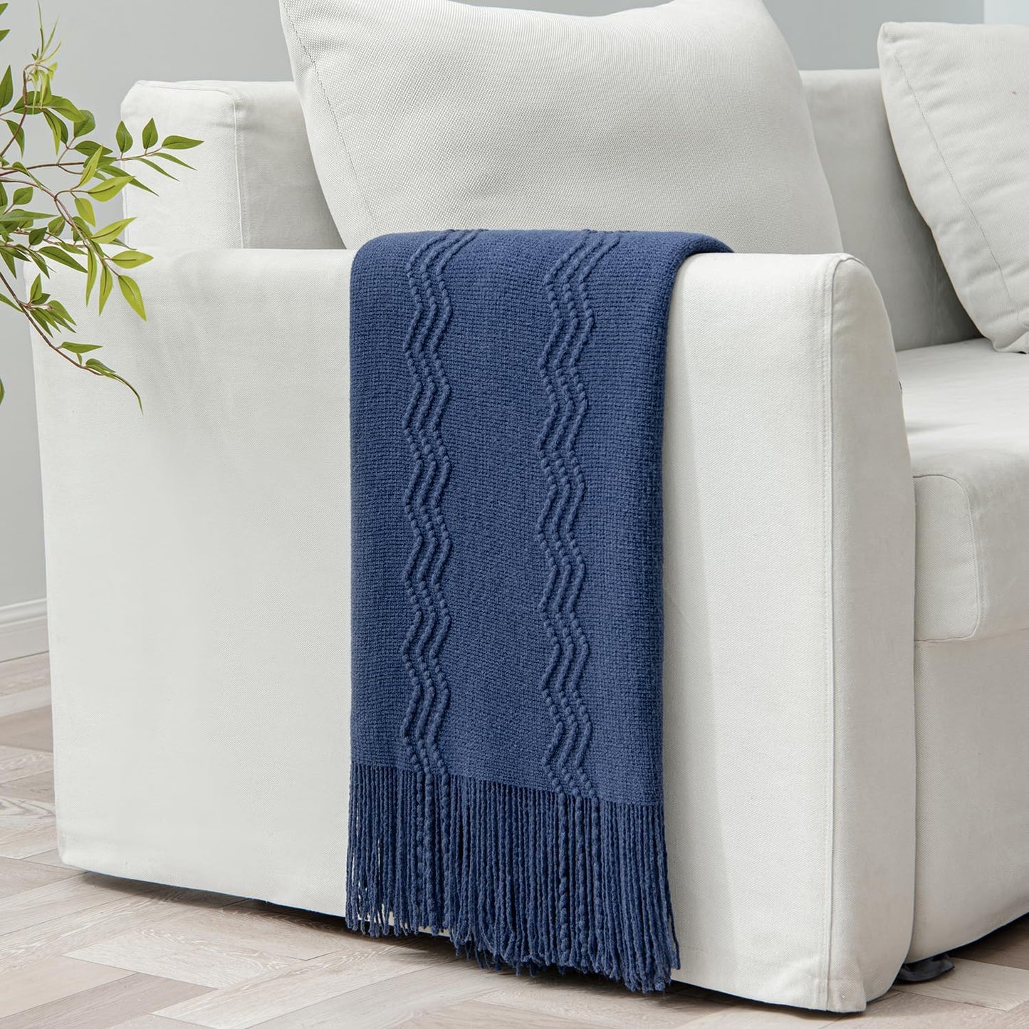 MIULEE Navy Blue Knitted Throw Blanket for Couch Textured Knit Blanket with Tassels Cozy Woven Boho Bed Blanket for Sofa Bed Chair Acrylic Wave Pattern 50"x60"