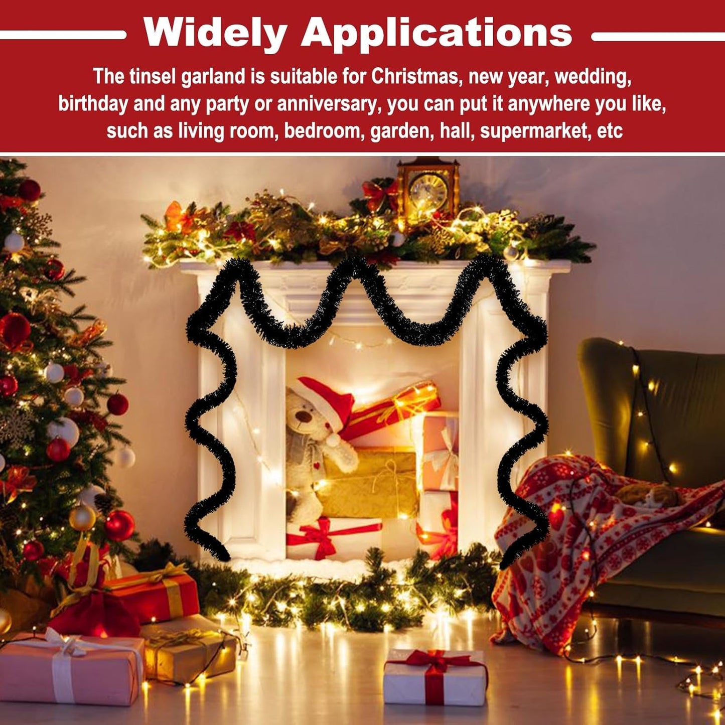 25 Feet Metallic Twist Tinsel Garland - Wall Hanging Backdrop for Parade Floats, Christmas Eve, New Year, Valentine's Day Parties (Black, 4in x 25ft)