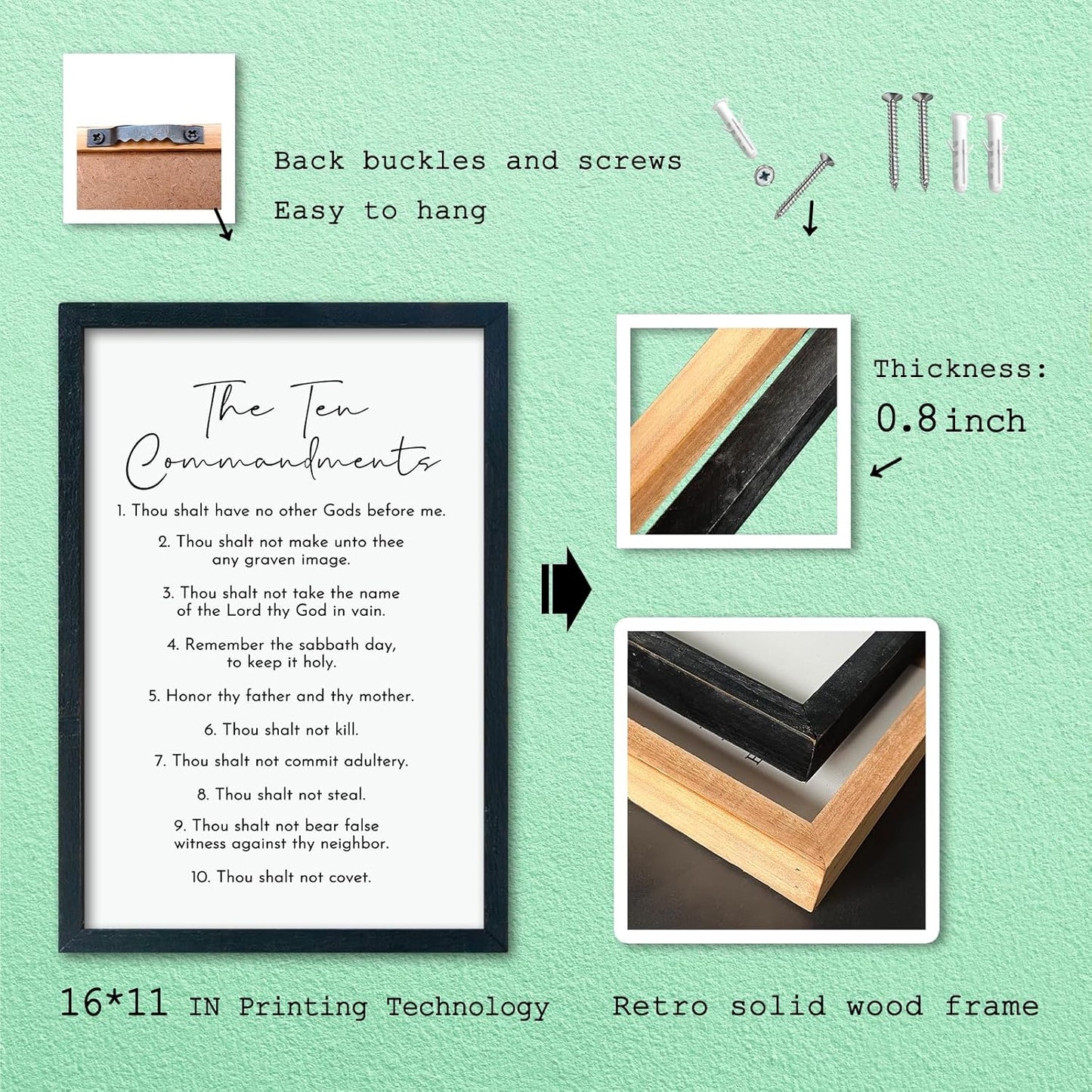 LuZhiQiang The Ten Commandments Wall Art Decor 16"×11" Bible Verse 10 Commandments Sign Motivational Positive Quotes Wood Framed Wall Hanging (Black)