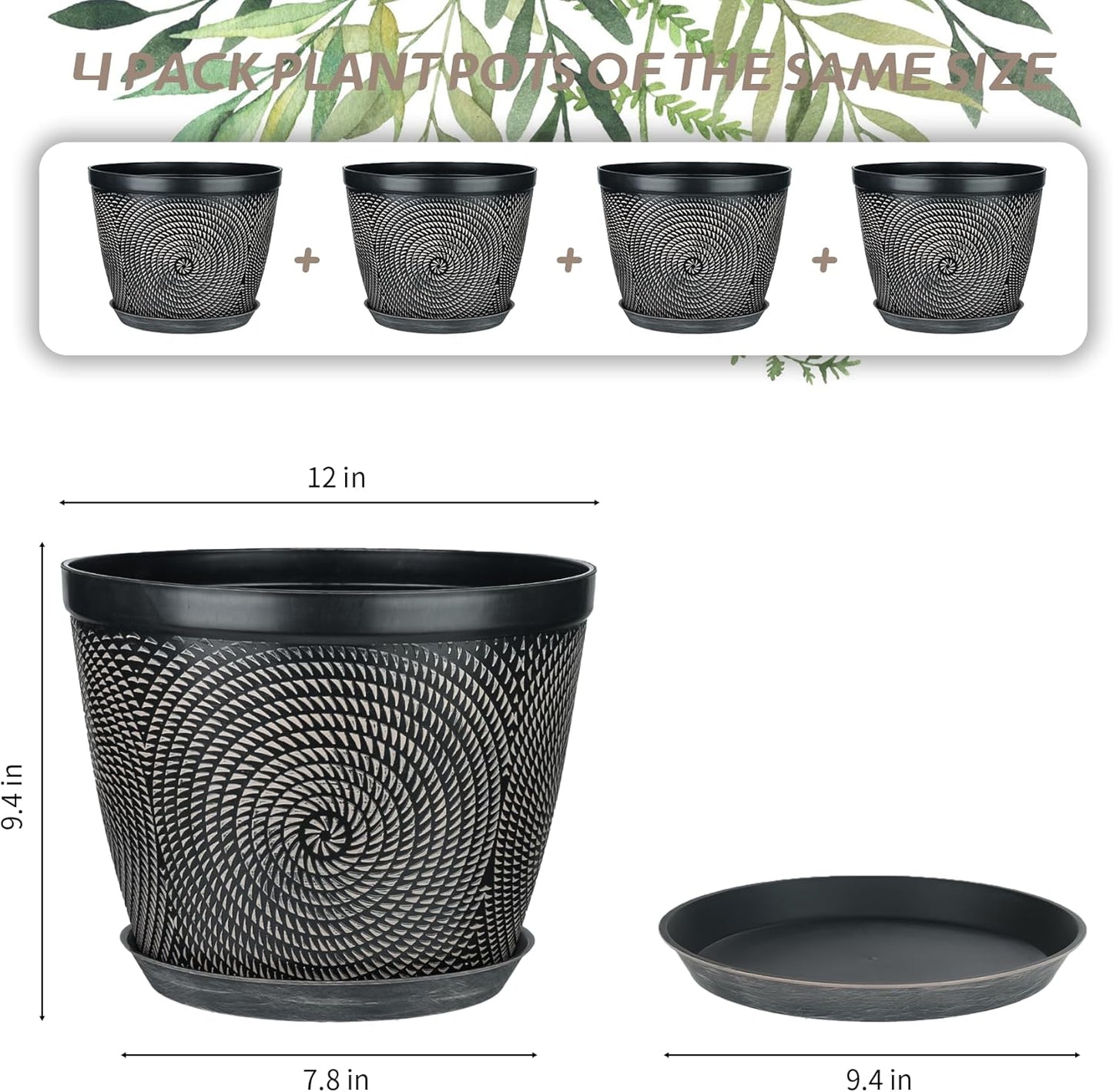 Quarut 12 Inch 4 Pack Large Plant Pots, Plastic Flower Pot for Indoor & Outdoor with Drainage Holes & Saucer, Circle Pattern Planters Garden Pots for Herbs