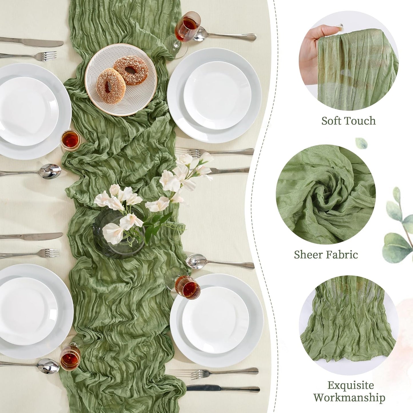 6 Pack Sage Green Cheesecloth Table Runner 10FT Long Boho Gauze Table Runner Rustic Sheer Runner for Wedding Bridal Baby Shower Birthday Party Table Decor Thanksgiving Christmas Decorations