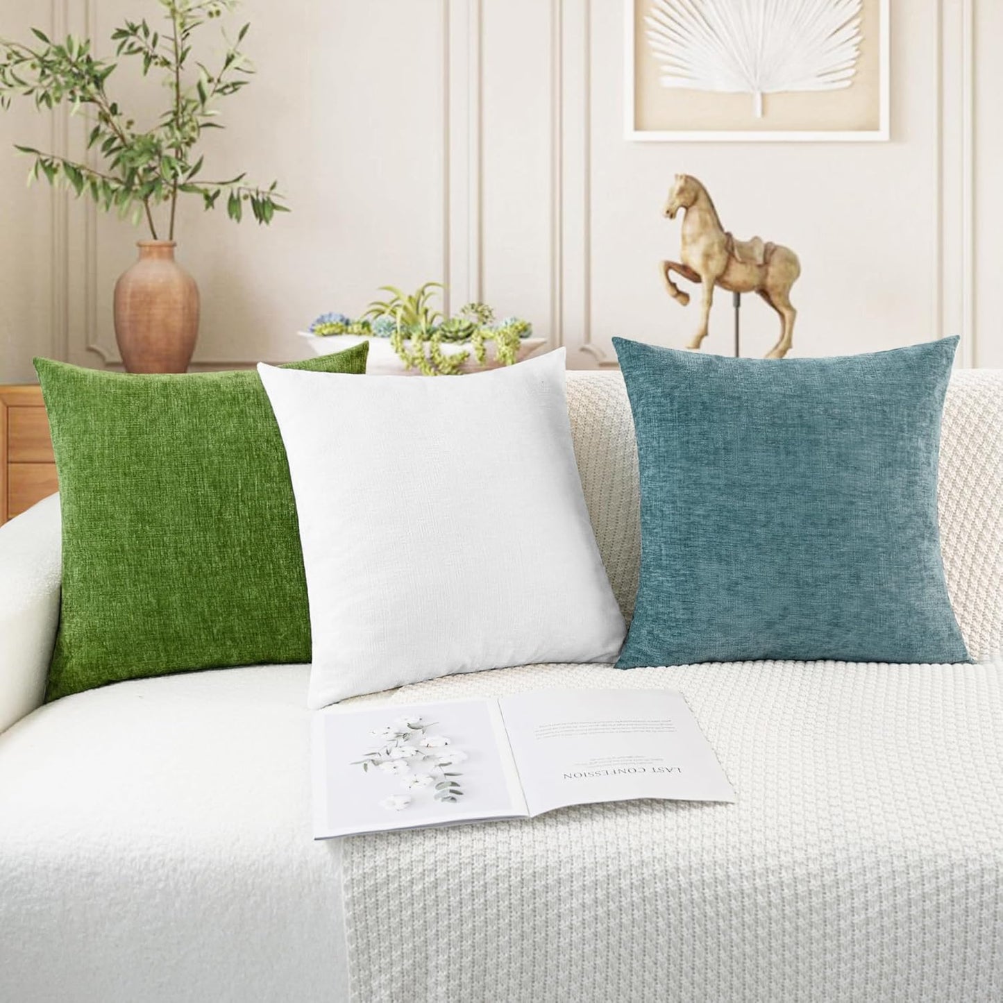 CaliTime Throw Pillow Covers Decorative 20 X 20 Inches Pack of 2 Cozy Chenille Cushion Cases for Couch Sofa Bed Living Room Home True White