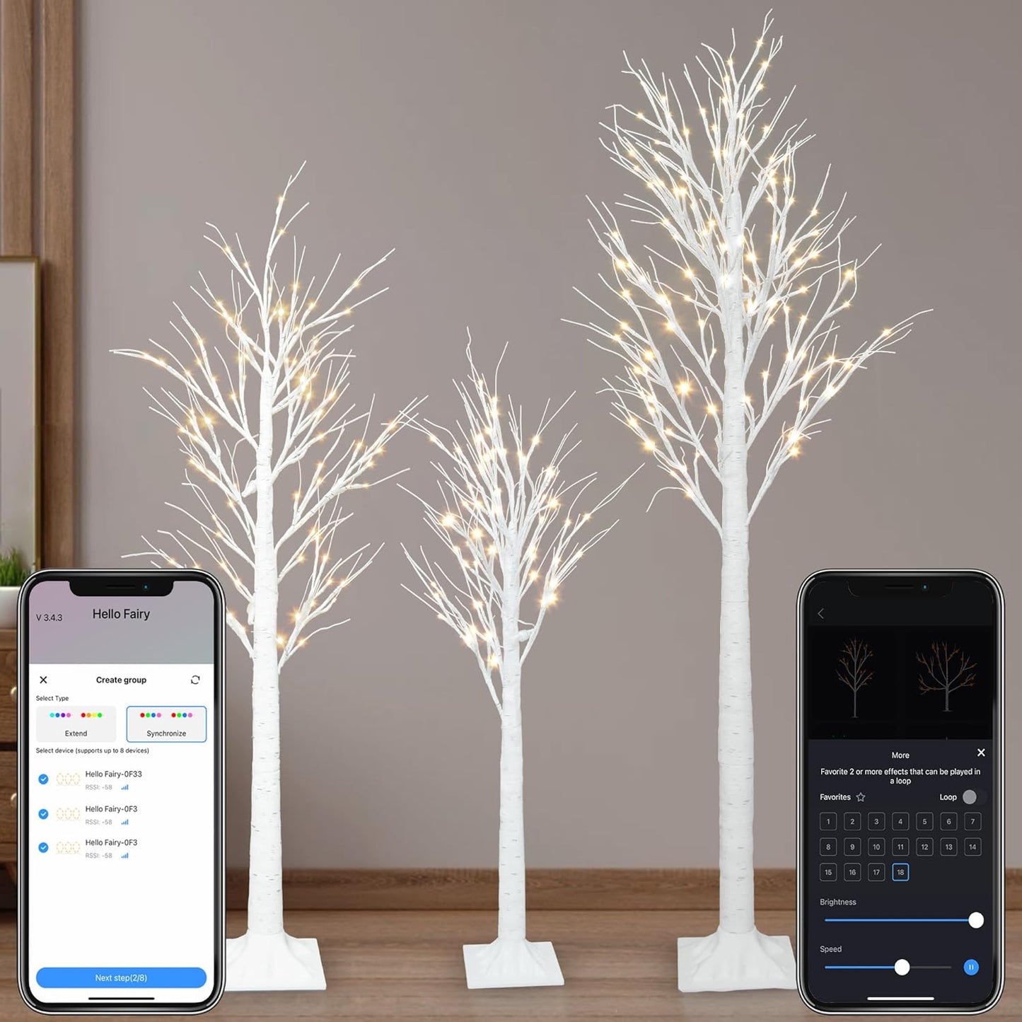 Smart Lighted Birch Trees 4FT 5FT 6FT, App Control, 18 Modes, Schedule, Dimmable, Warm White LED Lights, Waterproof Music Sync Star Light Tree Set for Indoor Outdoor Home Christmas Holiday Decorations
