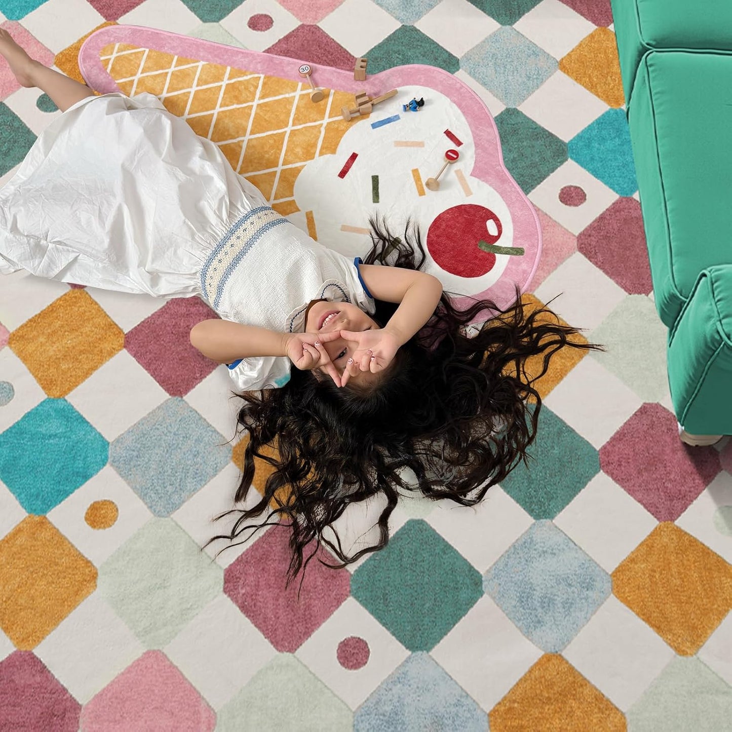 jinchan Area Rug 3x5 Kids Washable Indoor Floor Cover Non-Slip Modern Soft Rug Elementary School Classroom Colorful Diamond Carpet for Nursery Playroom Daycare Bedroom Living Room Confetti on Cream