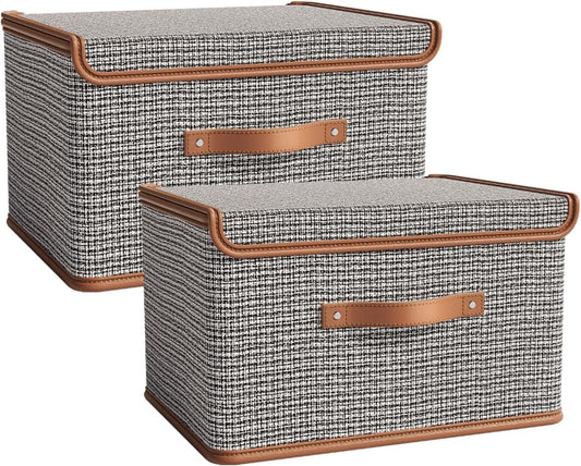 Tuza 2 Pack Storage Bins with Lids, Collapsible Closet Organizer Container, Fabric Organizer Box with Handles, Decorative Storage Boxes with Lids for Organizing Clothes, Blanket, Light Grey, Medium