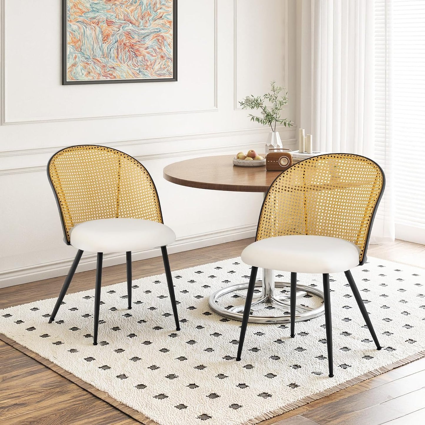 Dining Chairs Set of 2, Mid Century Modern Dining Room Chairs with Rattan Back, Faux Leather Kitchen Dining Chairs Farmhouse Armless Mesh Cane Back Side Chairs with Metal Legs, White