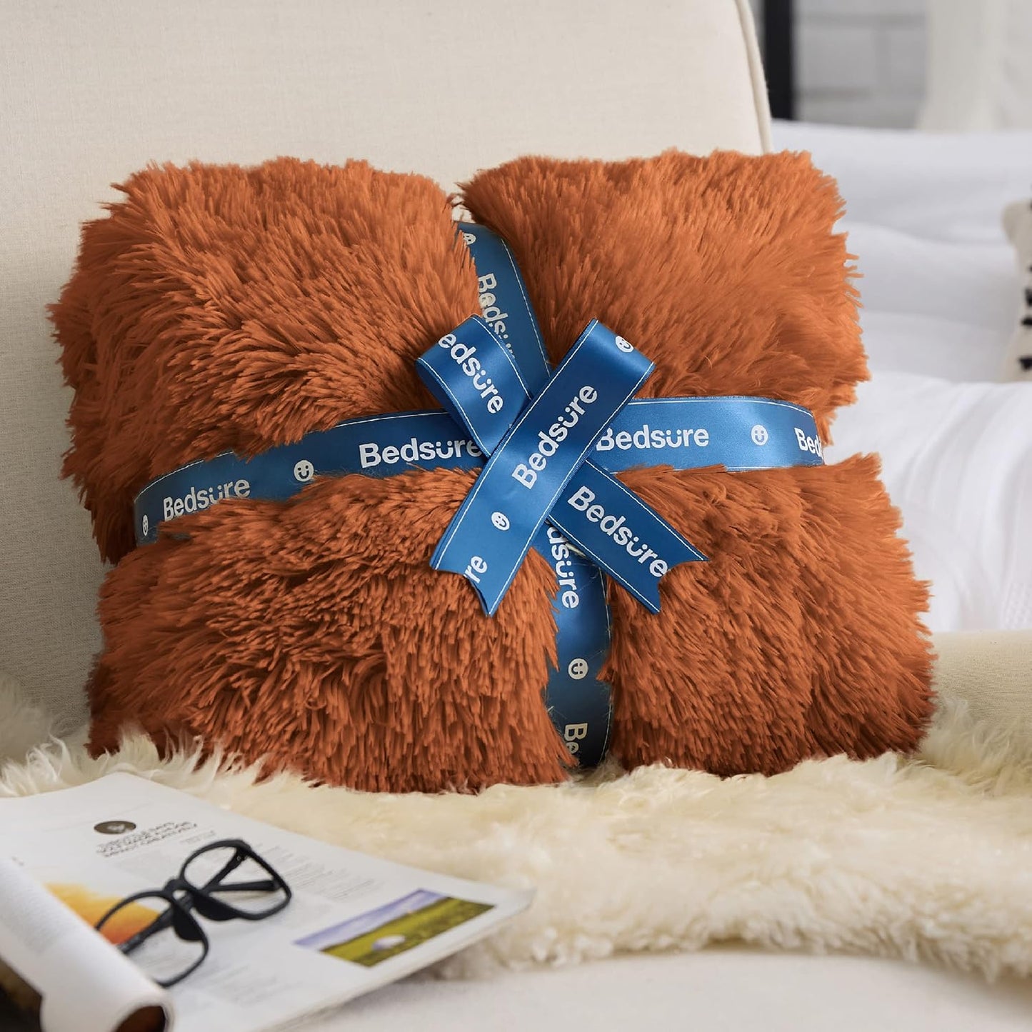 Bedsure GentleSoft Fluffy Burnt Orange King Size Blanket for Bed, Thick Soft Sherpa Faux Fur Fleece Bedding Fuzzy Plush Winter Warm Heavy Large King Blanket, Cozy Orange Gifts for Men Women, 108x90