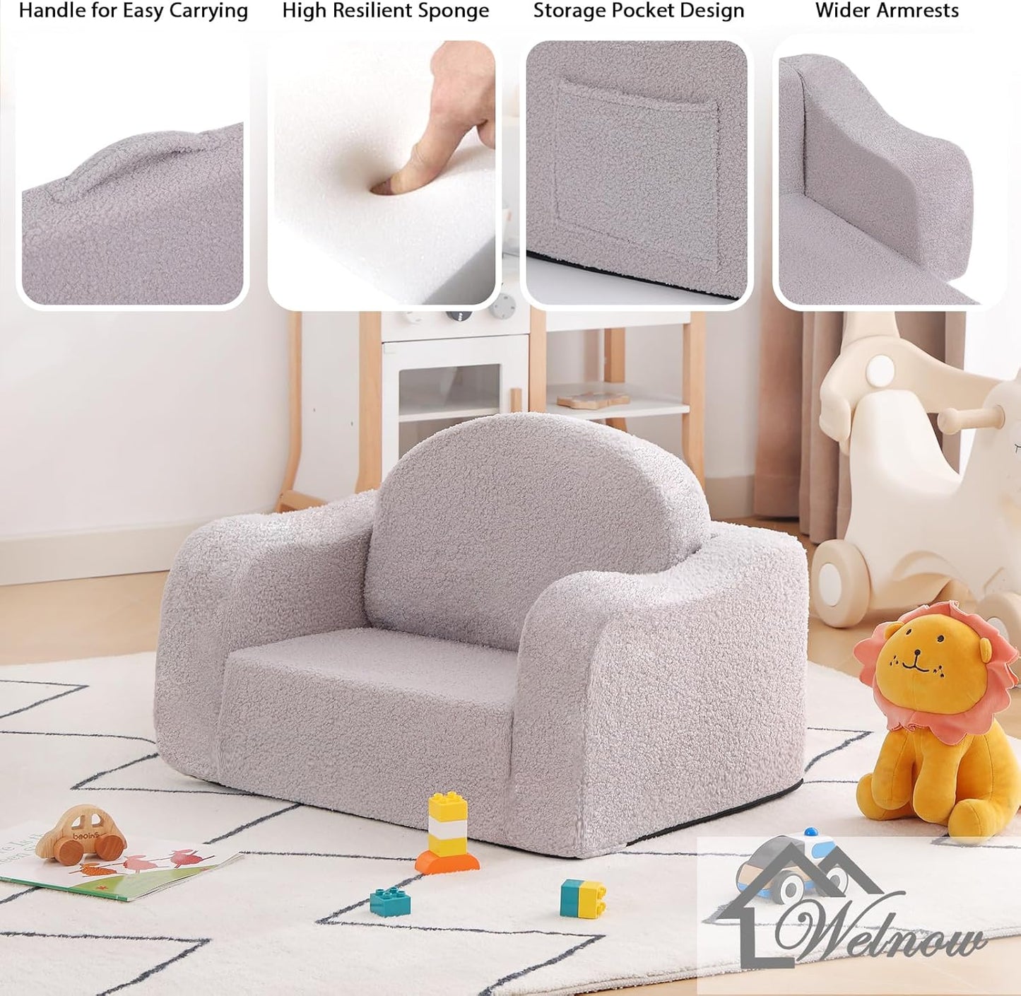 Welnow 2-in-1 Kids Sofa Chair, Convertible Toddler Chair Flip Out Children Sofa Chair with Wave Armrests Folding Kids Play Sofa with Side Pockets & Removable Cover Armchair for Girl or Boy