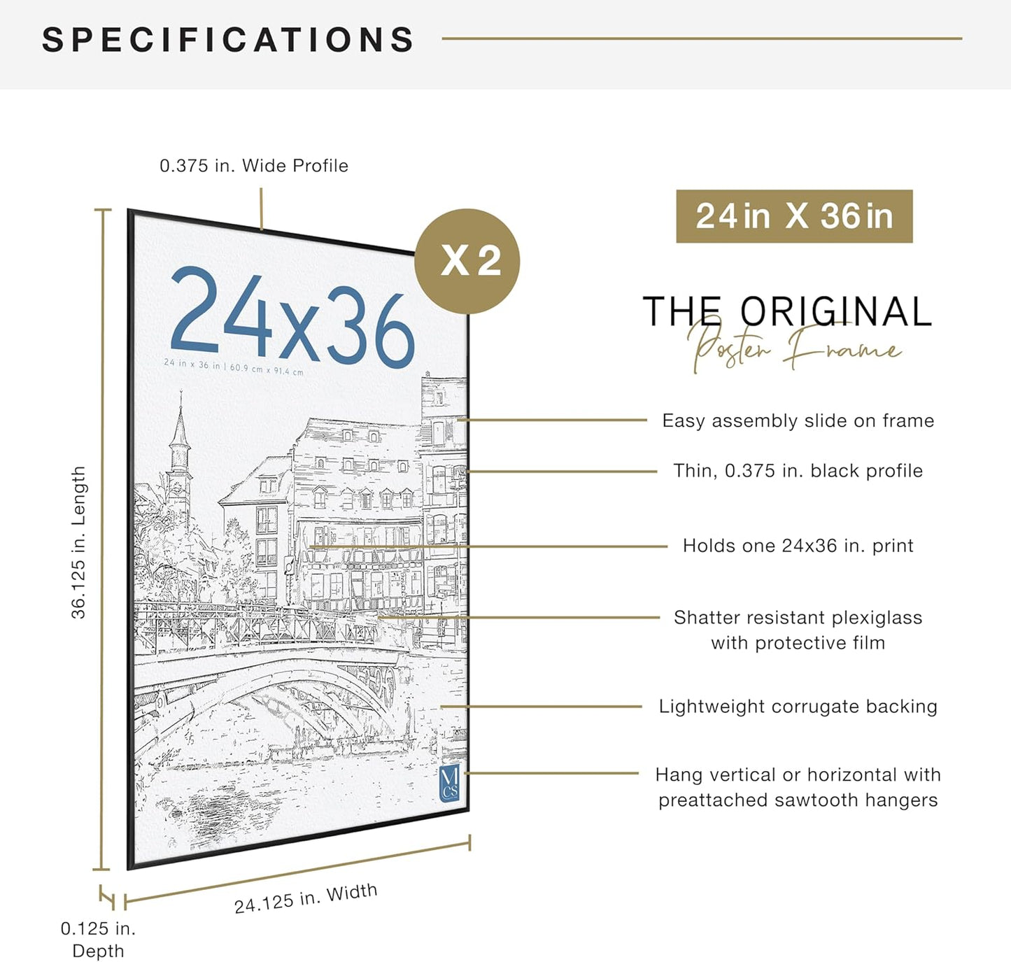 MCS Original Poster Frame 24x36 Black Lightweight Vertical & Horizontal Wall Hanging Large Picture Frame for Posters, Art Prints & Gallery Wall (2-Pack)