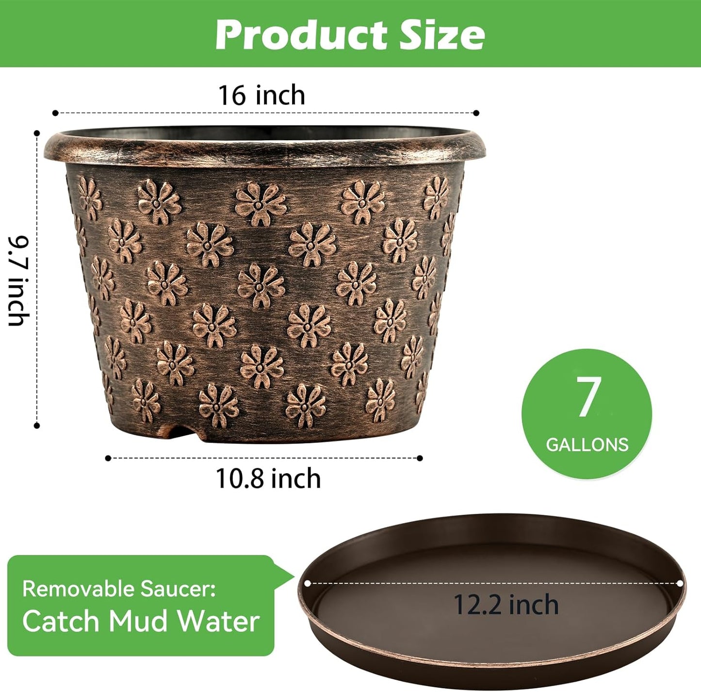 16 Inch Planter Pots for Plants, Plastic Large Flower Pots Indoor Outdoor, 4 Pack Resin Plant Pot with Drainage & Saucer, Retro Decorative Garden Pot with Removable Trays for House