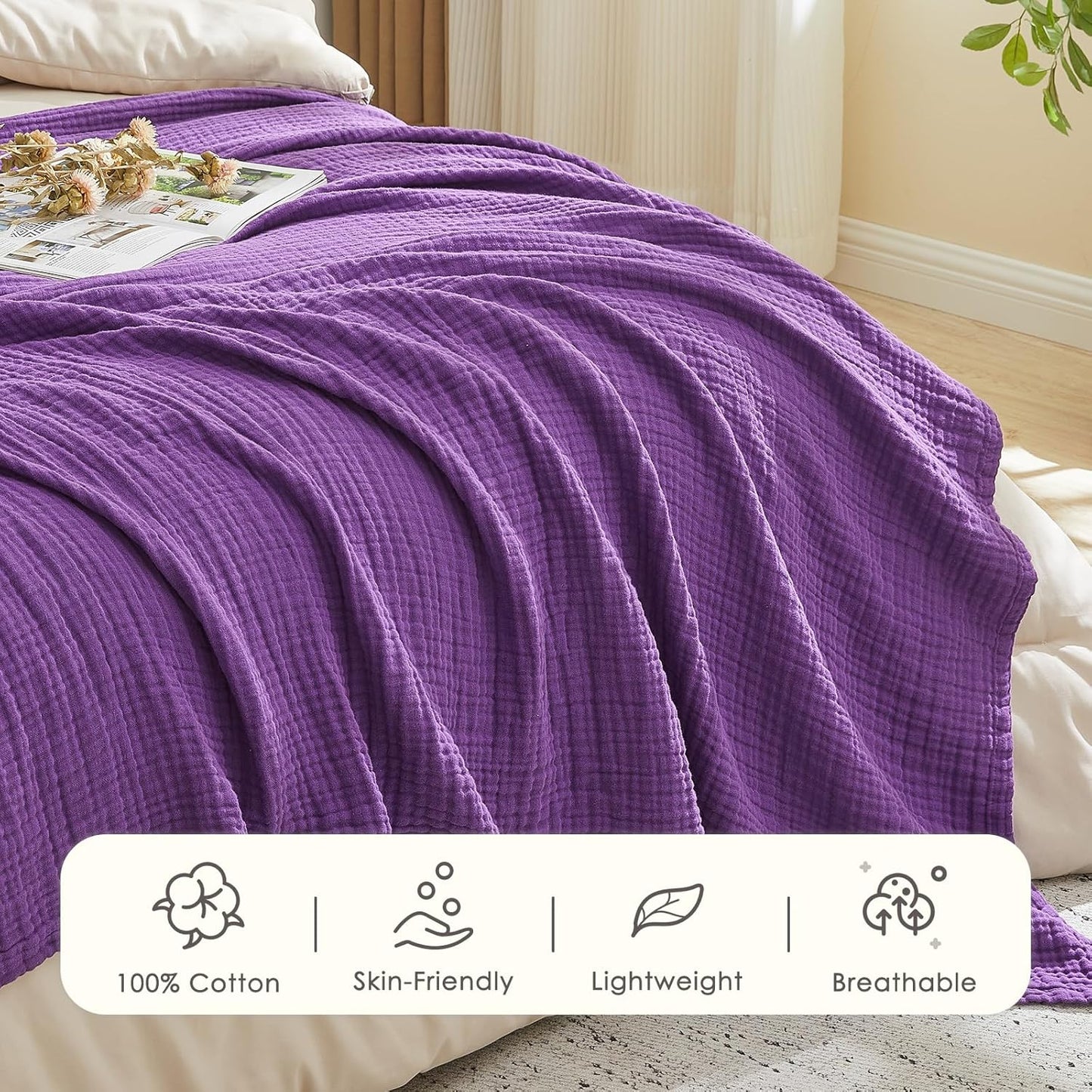 EMME Cotton Muslin King Blanket Bed Layering Breathable Gauze Blanket Soft Lightweight Blankets Adults (Purple, 108"x90")