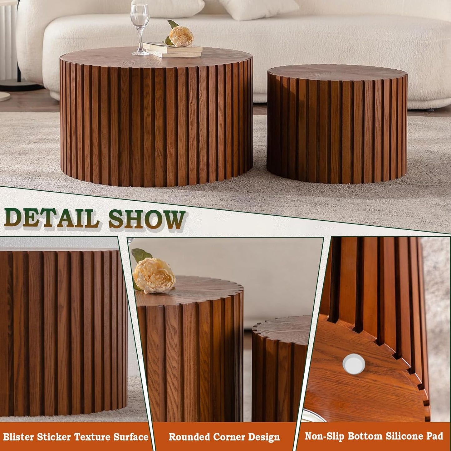Round Nesting Coffee Table Modern Fluted Coffee Table Set of 2 Circle Drum Coffee Tables Small Round Accent Side End Table for Living Room No Assembly (Brown 27in)