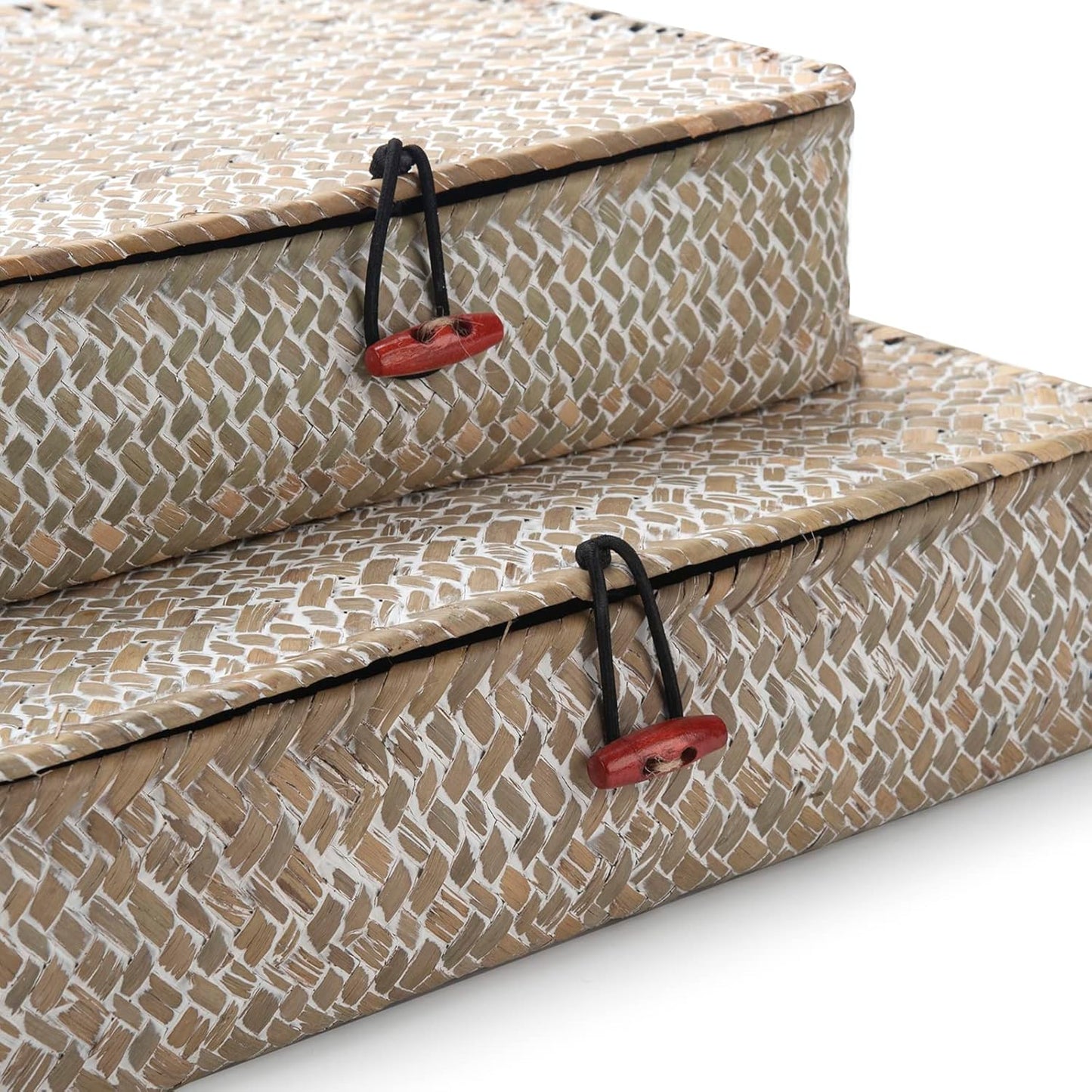 Whitewash Seagrass Basket with Lid Rectangular Decorative Storage Boxes for Shelf Organize Snack Toys Set of 2 (Large+Small)